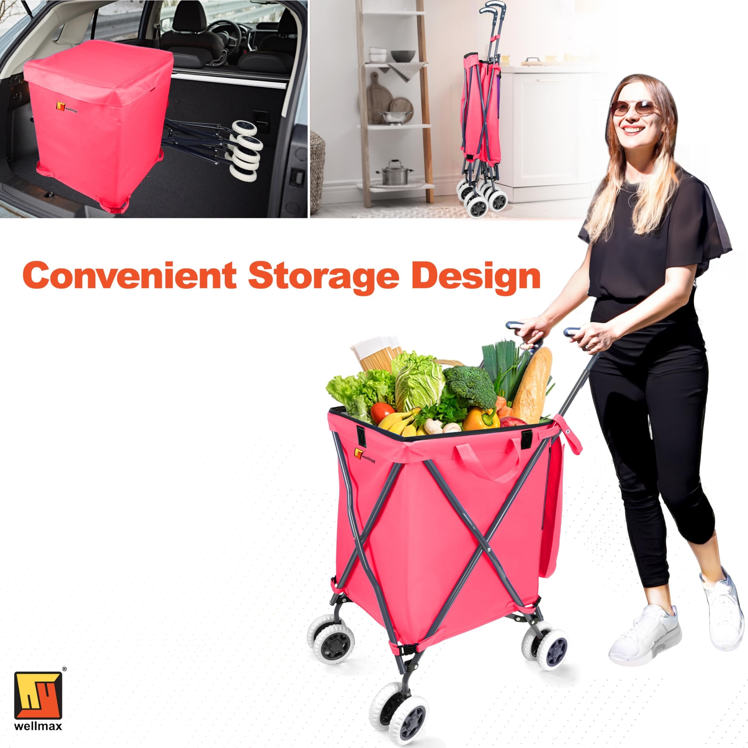 Wellmax WM99100 Series Folding Shopping Cart with Wheels, Grocery Cart with Removable Canvas with Cover, Lightweight Utility Cart for Groceries and Laundry - Holds up to 120 lbs (Orange)