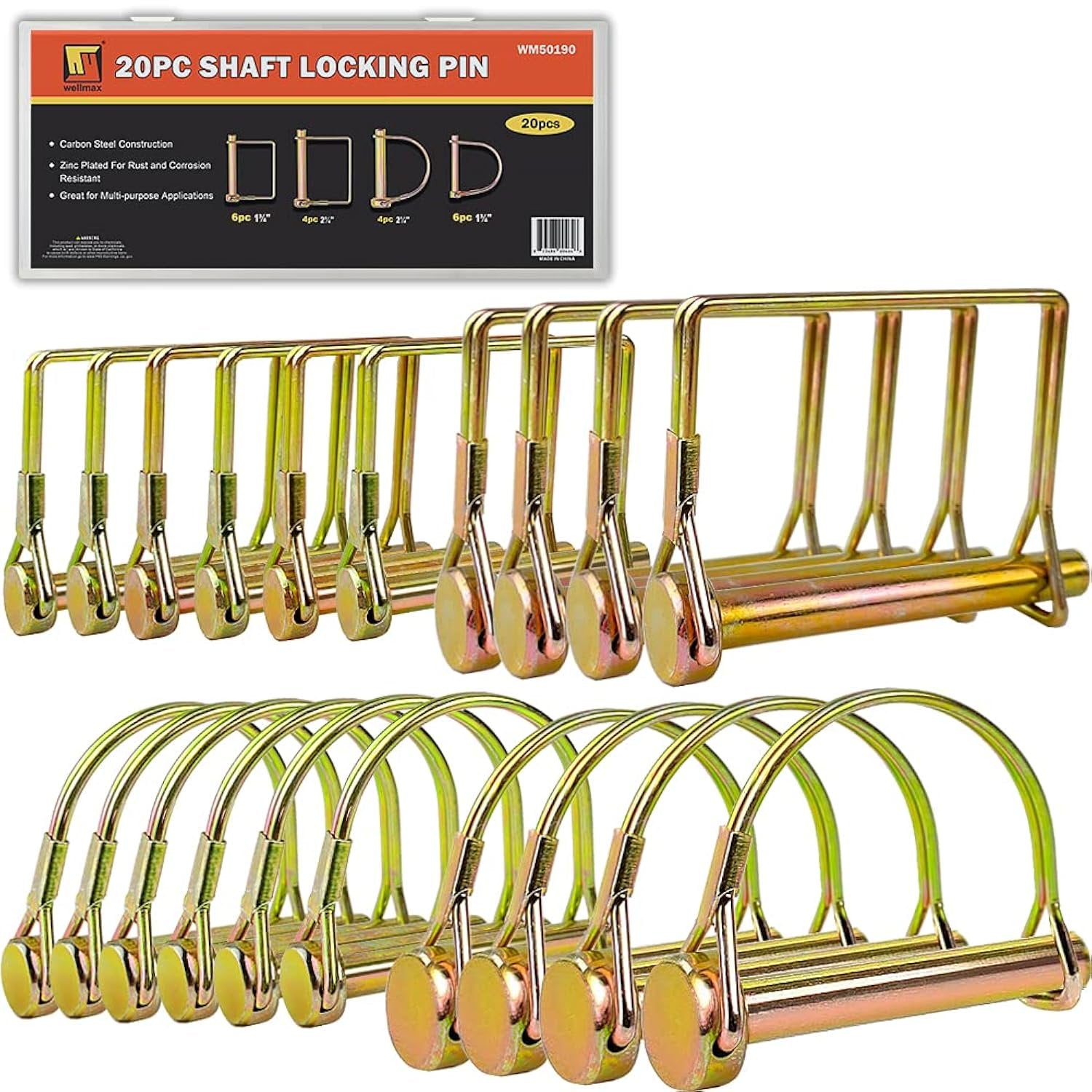 Wellmax 20 Pcs Shaft Locking Pin in 1/4", 5/16" and 3/8" Diameter Zinc-Plated Heavy Duty Safety Pins, Trailer Hitch Pin for Trailer Lock and Hitch Pin Lock for Farm Lawn Garden Wagons, Gold Color