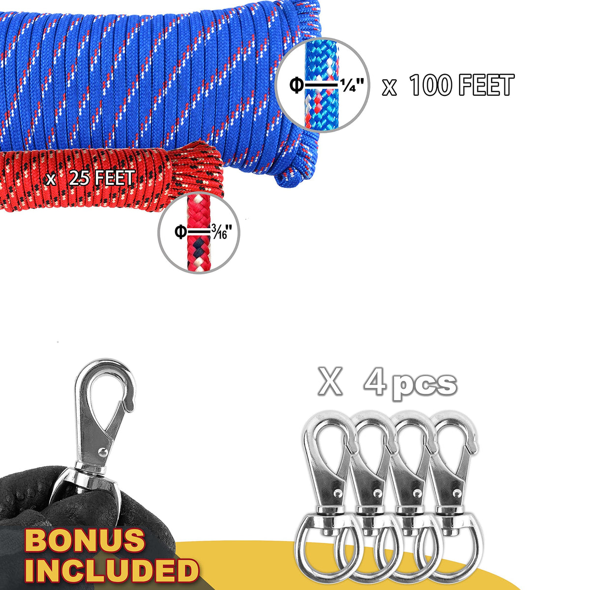 Wellmax Diamond Braided Polypropylene Rope with UV Treatment and Weather Resistant, 4 Pack 3/16 inch x 50ft Multi-Color