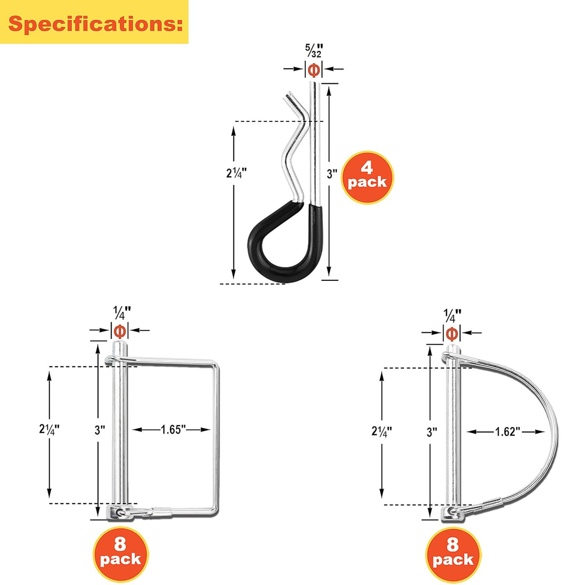 Wellmax 20 Pcs Shaft Locking Pin in 1/4 Diameter Zinc-Plated Heavy Duty Safety Pins, Bonus 4 Pcs Heavy Duty Trailer Hitch Pin for Trailer Lock and Hitch Pin Lock for Farm Lawn Garden Wagons