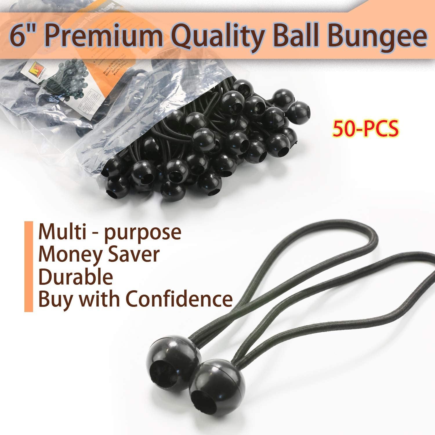 6 Inch Black 50PC 6 inch 50 Piece Heavy Duty 5mm Ball Bungee Canopy Cord By Wellmax, White Color
