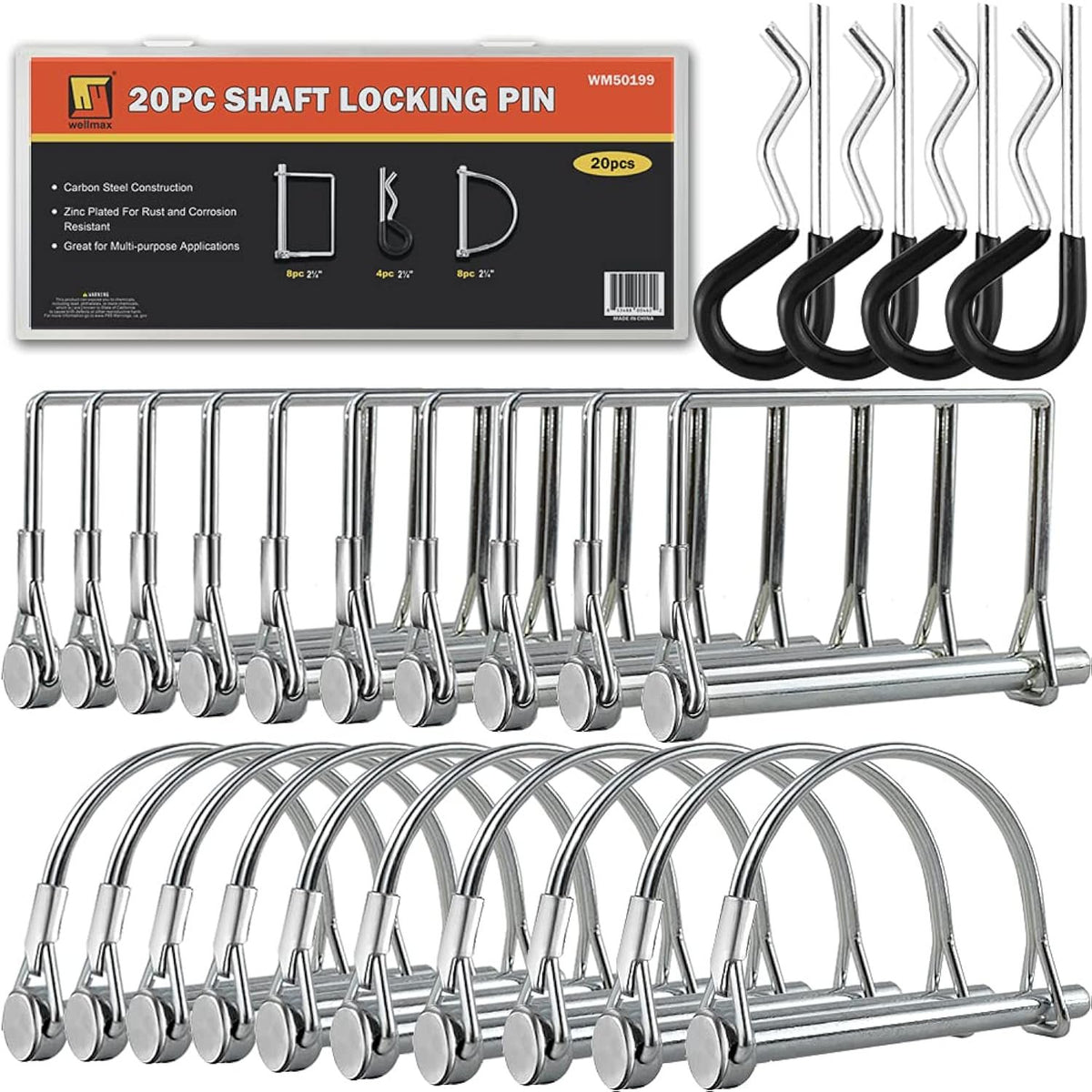 Wellmax 20 Pcs Shaft Locking Pin in 1/4 Diameter Zinc-Plated Heavy Duty Safety Pins, Bonus 4 Pcs Heavy Duty Trailer Hitch Pin for Trailer Lock and Hitch Pin Lock for Farm Lawn Garden Wagons