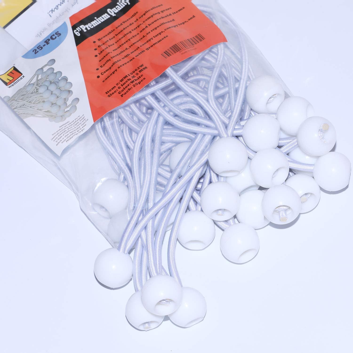 6 Inch Black 25PC 6 inch 50 Piece Heavy Duty 5mm Ball Bungee Canopy Cord By Wellmax, White Color