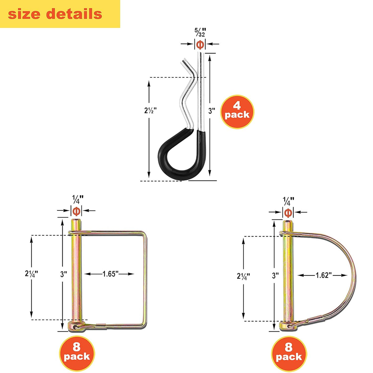 Wellmax 20 Pcs Shaft Locking Pin in 1/4 Diameter Zinc-Plated Heavy Duty Safety Pins, Bonus 4 Pcs Heavy Duty Trailer Hitch Pin for Trailer Lock and Hitch Pin Lock for Farm Lawn Garden Wagons