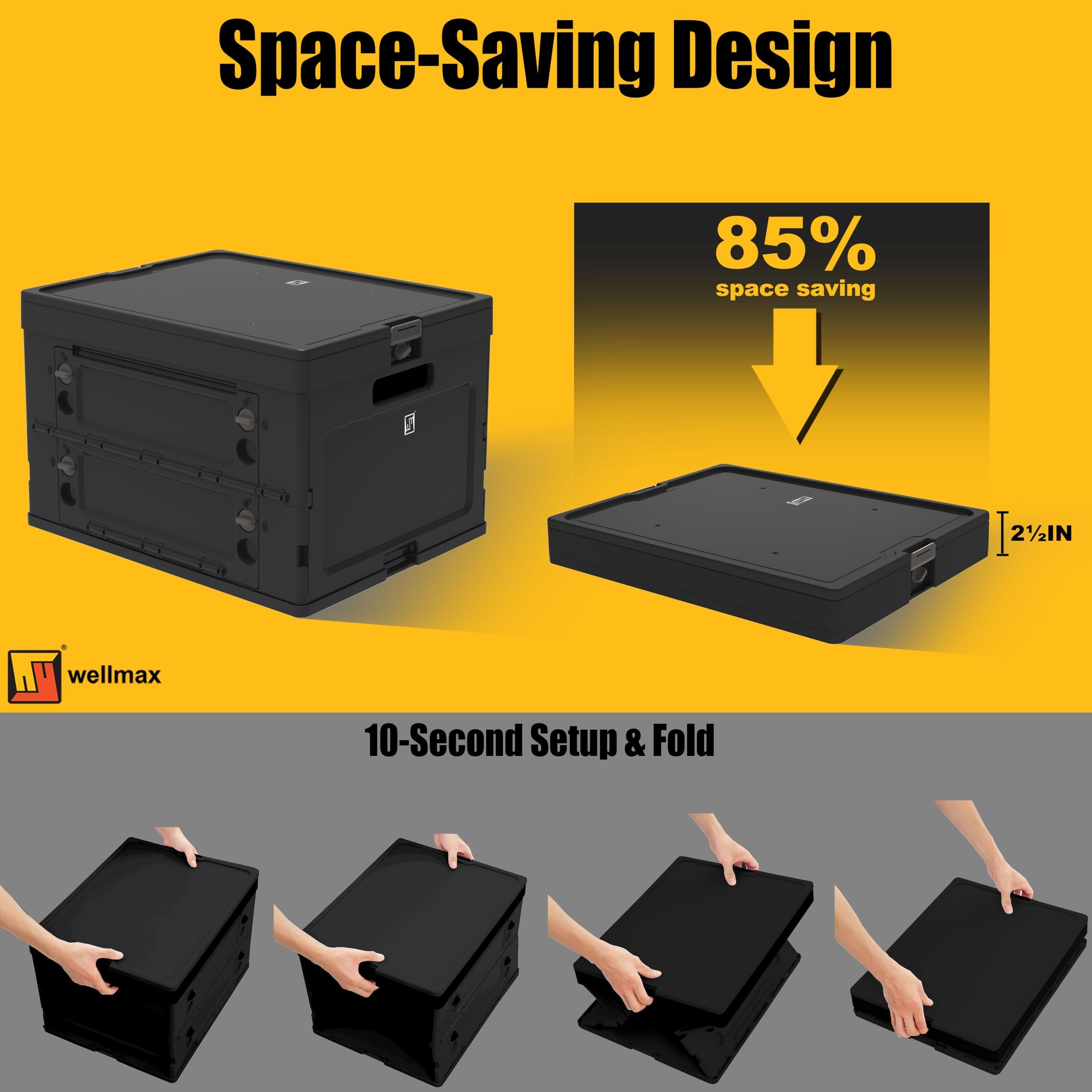 Wellmax Collapsible Crate with Lid - 44lbs Stackable Foldable Crate for Groceries, Office & Car Trunk Organizing - Black