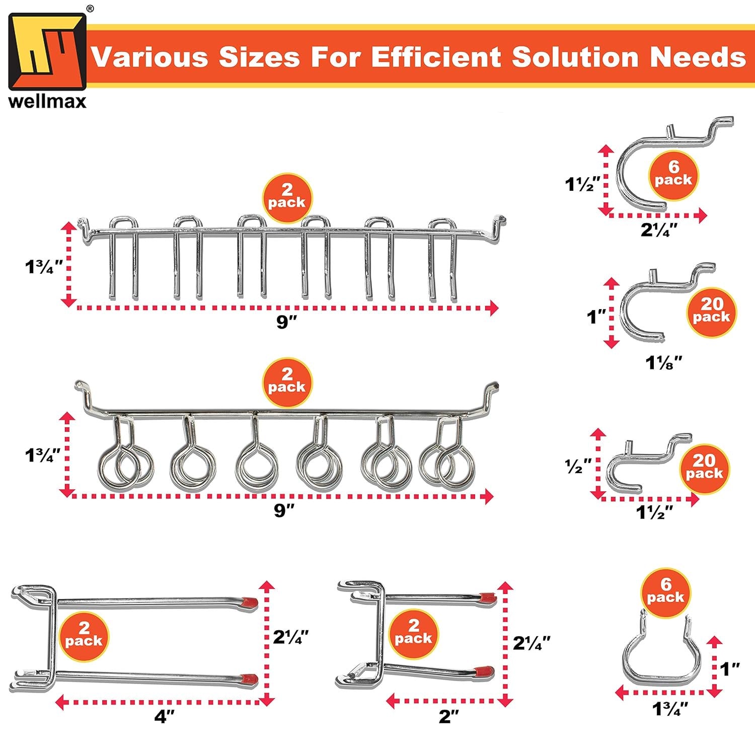 Wellmax 188pc Pegboard Hooks Accessories Assortment, Heavy Duty Peg Board Hook Set, Perfect for tools, crafts, peg boards and pegs attachments. Fits 1/4 and 1/8 inch Peg Holes