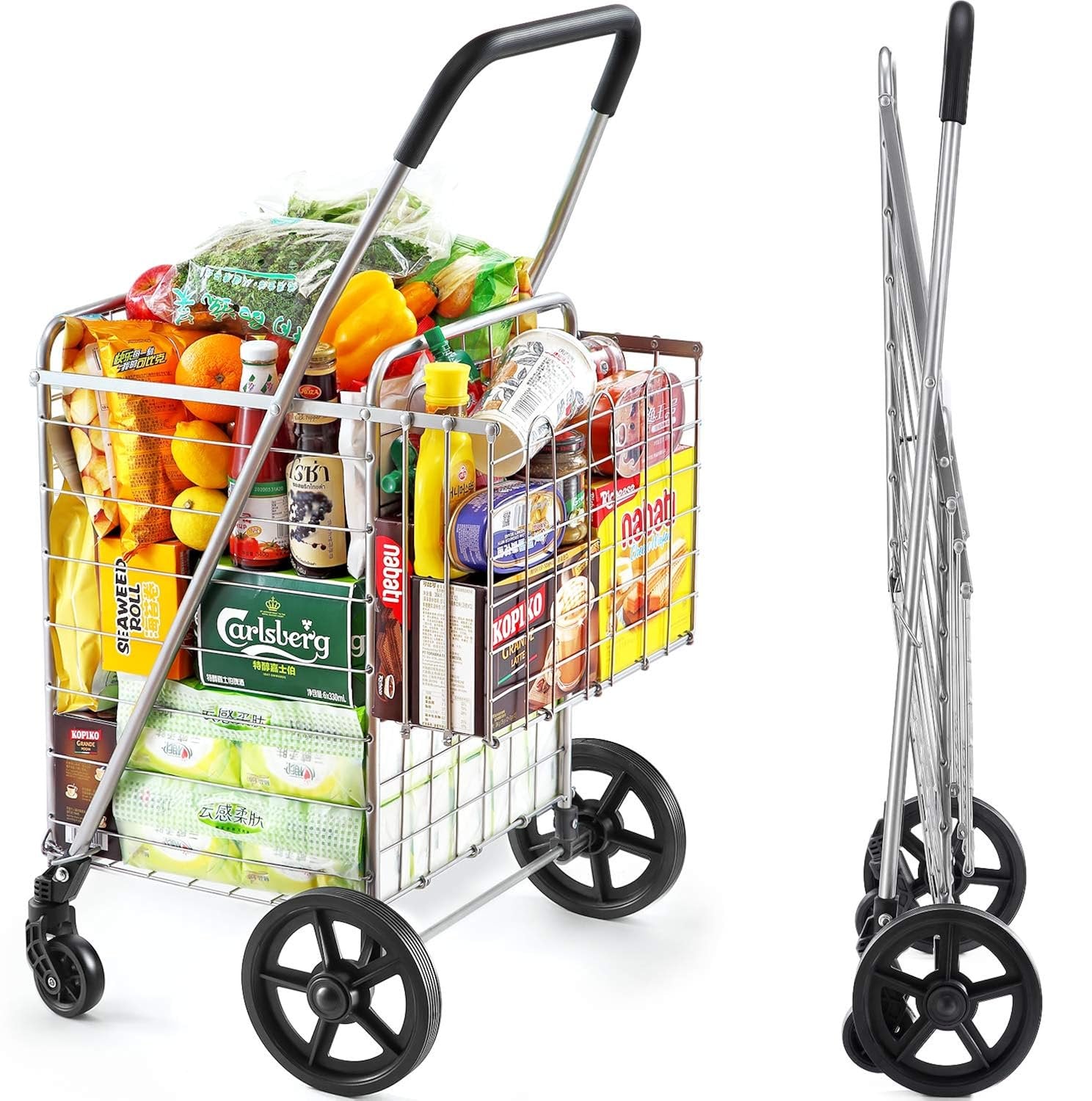 Wellmax Metal Grocery Shopping Cart with Wheels for Groceries, Folding Cart for Convenient Storage and Holds Up to 66lbs, Dual Swivel Wheels and Extra Basket, Silver