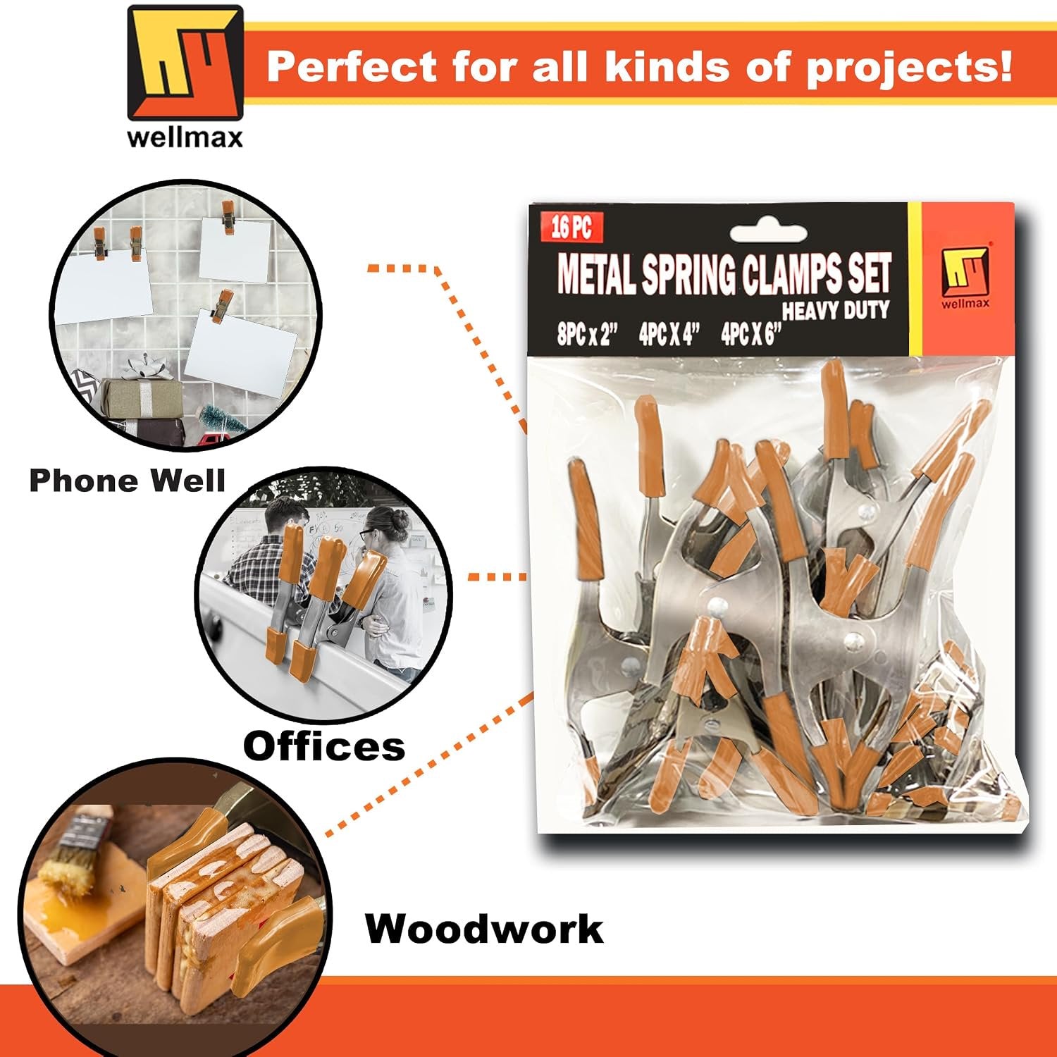 Wellmax 18PC Heavy Duty Spring Clamps Set - Large Metal Clamps for Woodworking, Photo Booth, and More - Includes 10pc 2in, 8pc 6in Clamps
