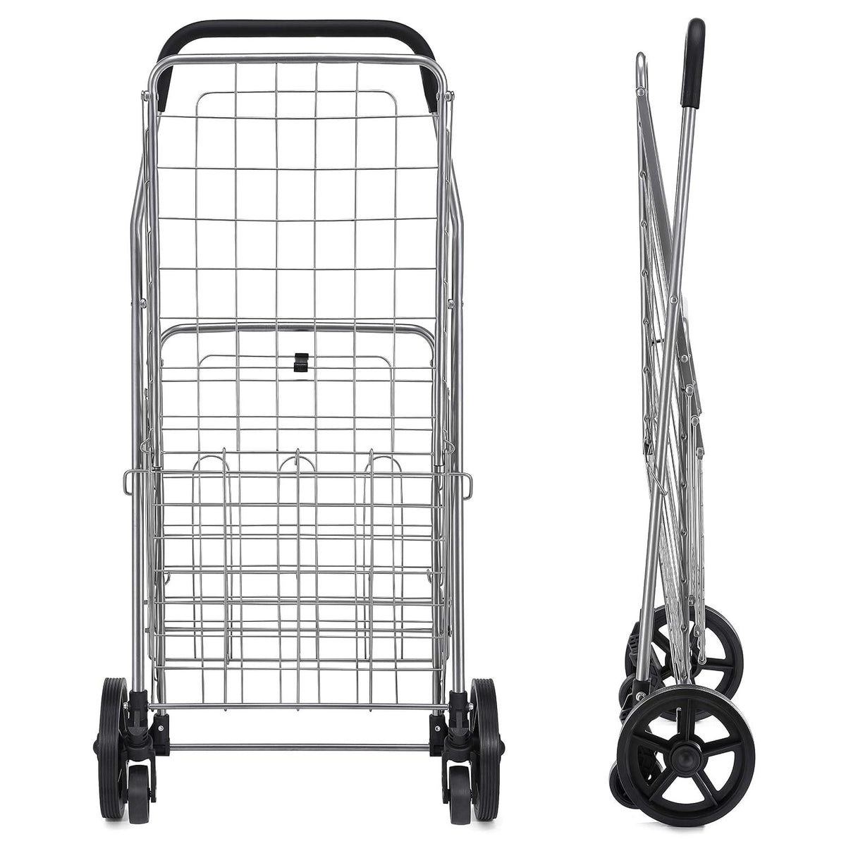 Wellmax Metal Grocery Shopping Cart with Wheels for Groceries, Folding Cart for Convenient Storage and Holds Up to 66lbs, Dual Swivel Wheels and Extra Basket, Silver