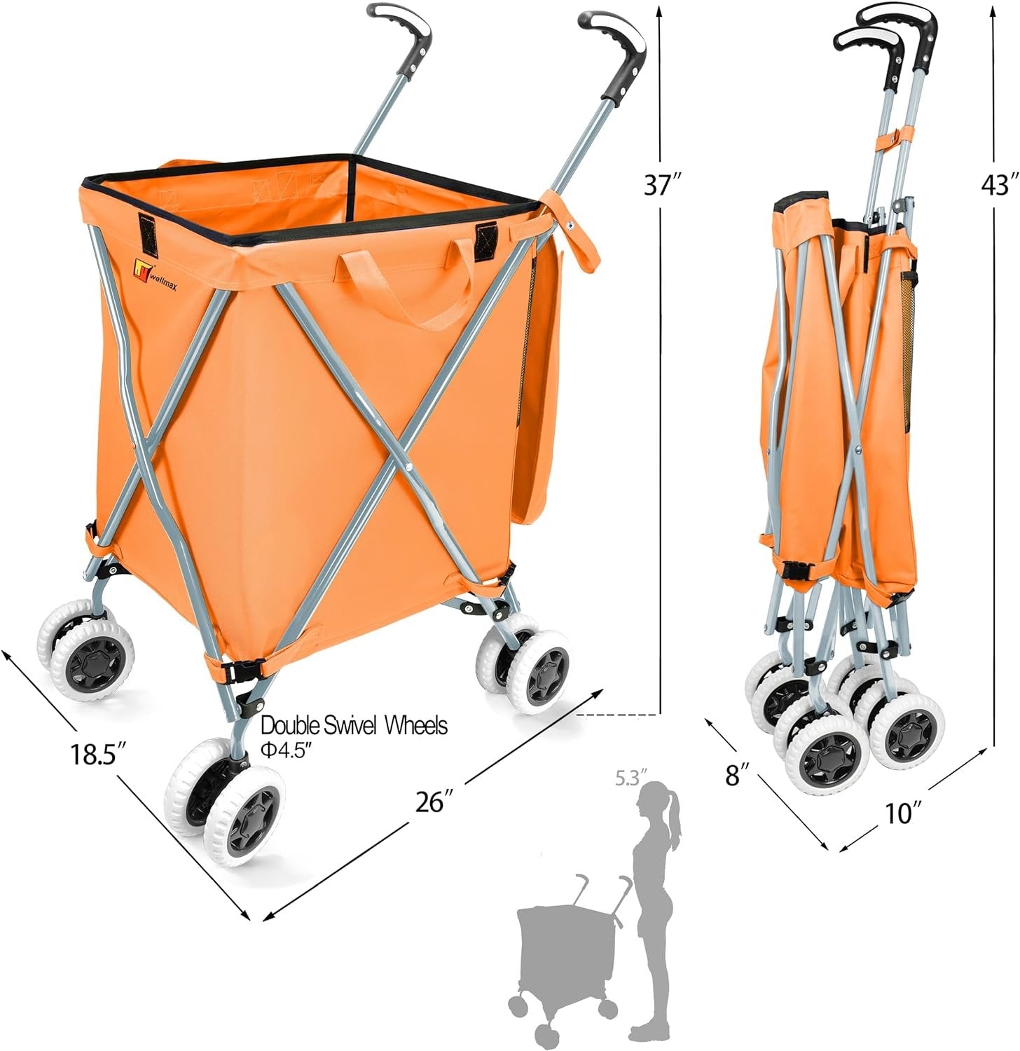 Wellmax WM99100 Series Folding Shopping Cart with Wheels, Grocery Cart with Removable Canvas with Cover, Lightweight Utility Cart for Groceries and Laundry - Holds up to 120 lbs