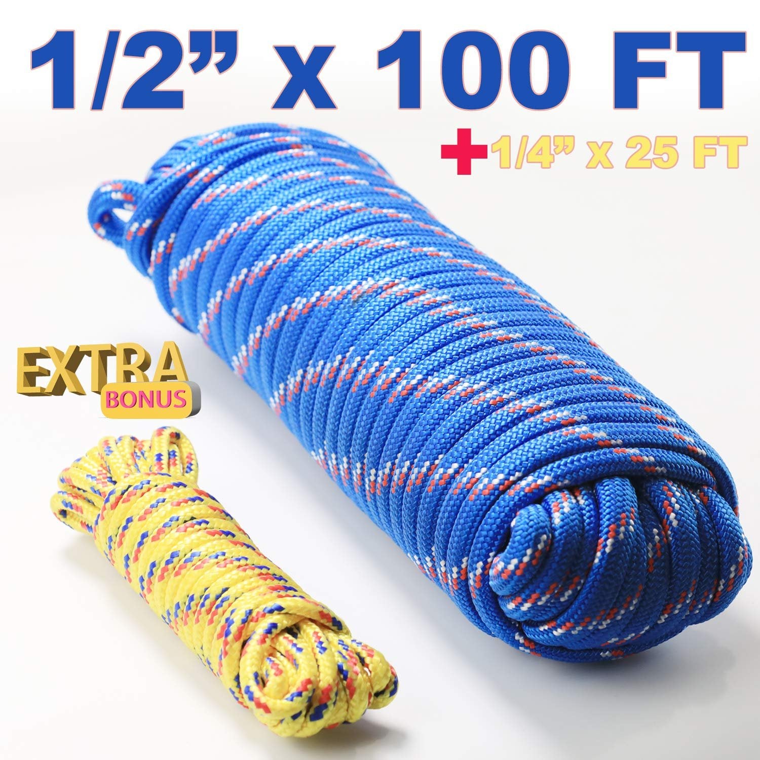 Wellmax Diamond Braid Nylon Rope, 1/2in X 100FT with Bonus 1/4in x25FT Cord UV Resistant, High Strength and Weather Resistant
