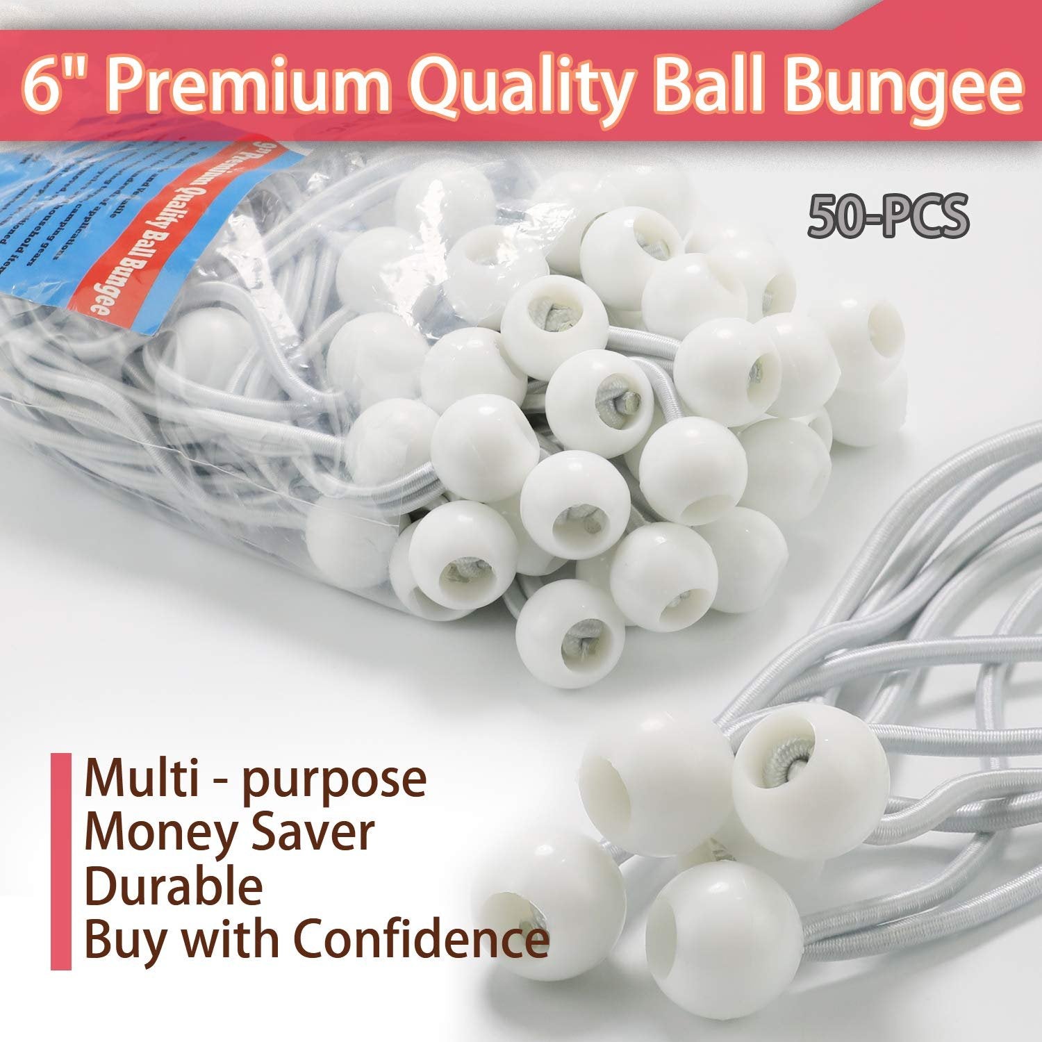 6 Inch White 50PC 6 inch 50 Piece Heavy Duty 5mm Ball Bungee Canopy Cord By Wellmax, White Color
