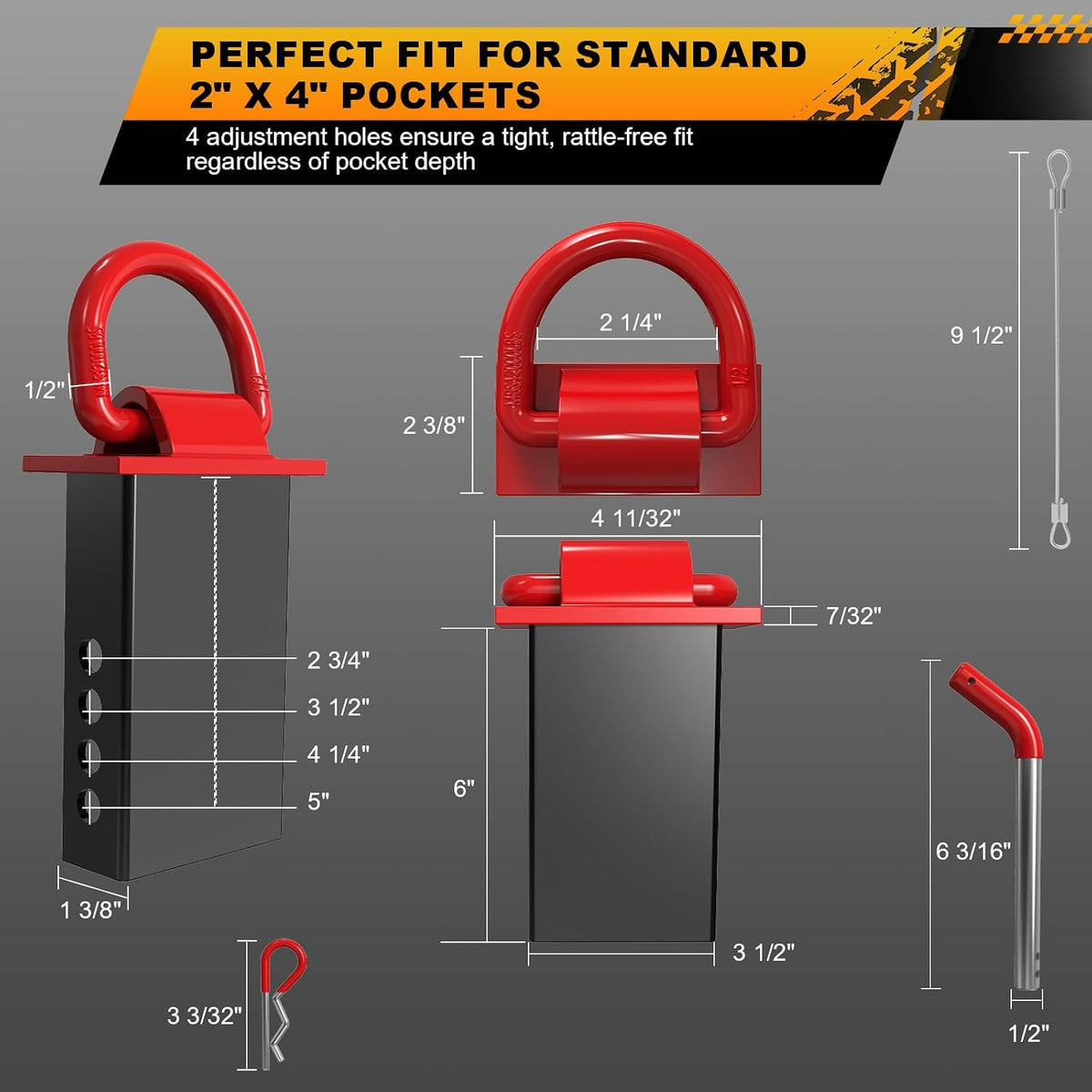 Wellmax 4-Pack Stake Pocket D Rings - Heavy Duty 1/2" Trailer Tie Down Anchors for Utility & Flatbed Trailers - 12,000 LBS Break Strength Removable D Ring with Hitch Pins & Anti-Loss Wire