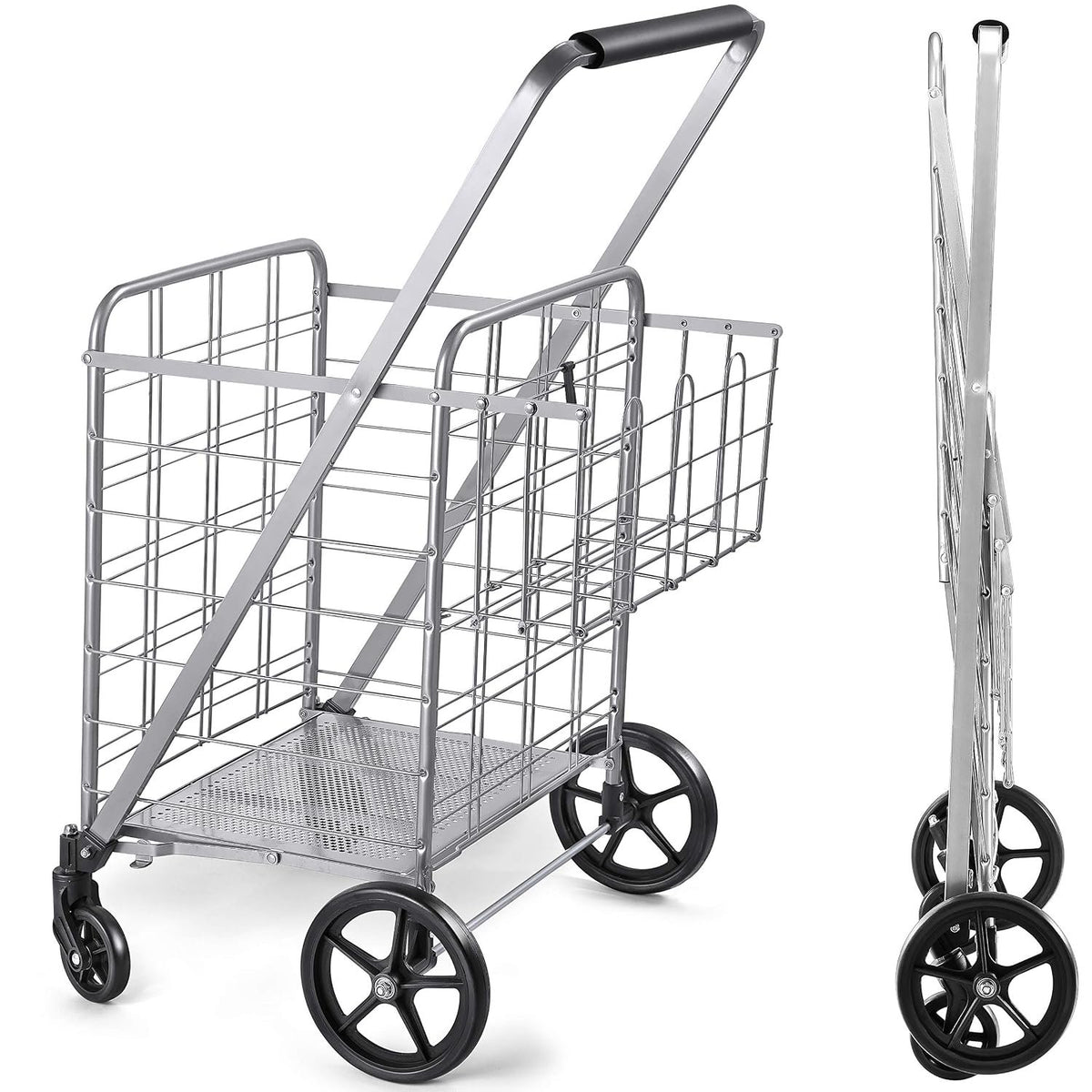 Wellmax Shopping Cart with Wheels, Metal Grocery Cart with Wheels, Shopping Carts For Groceries, Folding Cart For Convenient Storage And Holds Up To 160lbs, Dual Swivel Wheels and Extra Basket, Silver