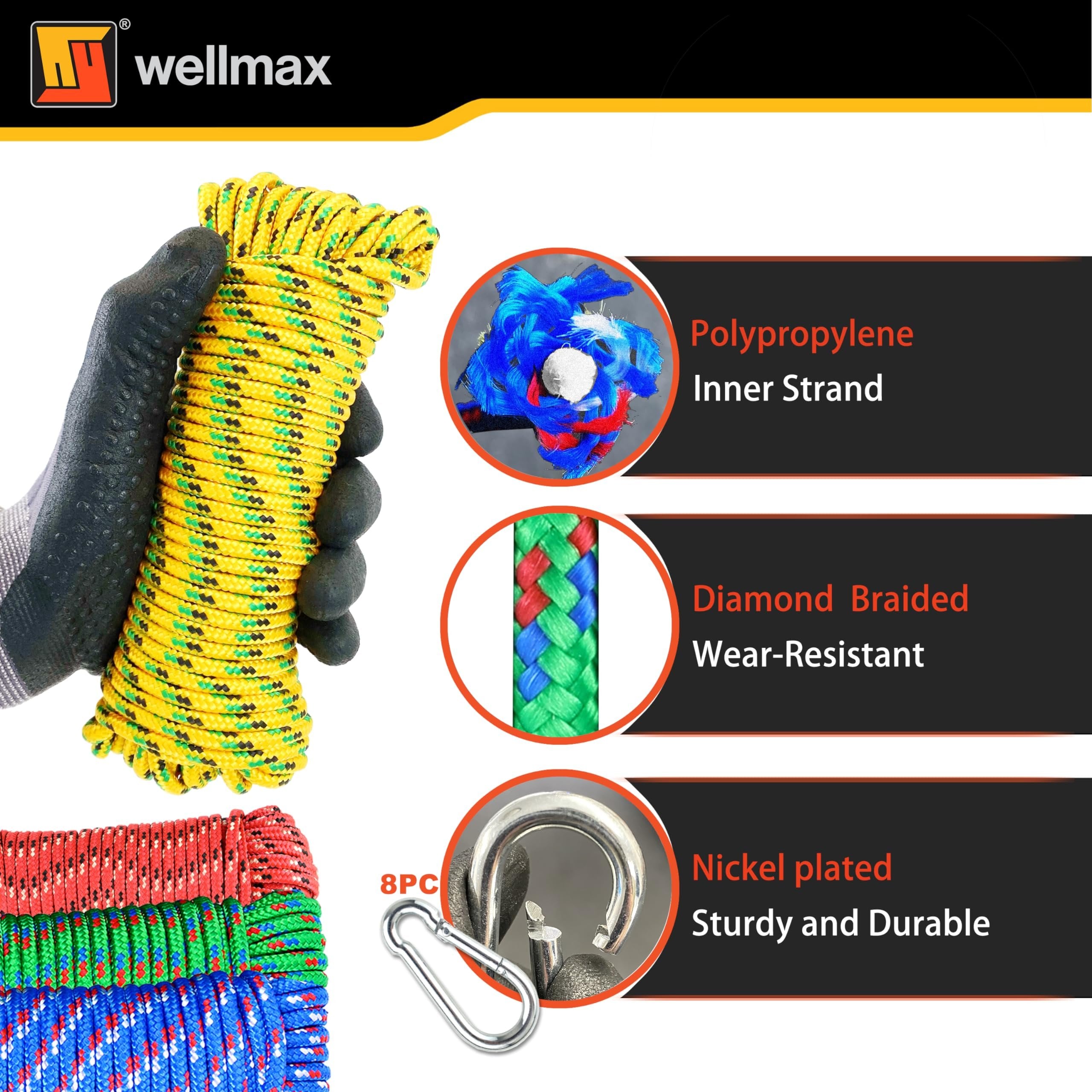Wellmax 4 Pack 3/16" x 50ft Diamond Braided Polypropylene Rope with UV Treatment and Weather Resistant, Assorted Multi-Color