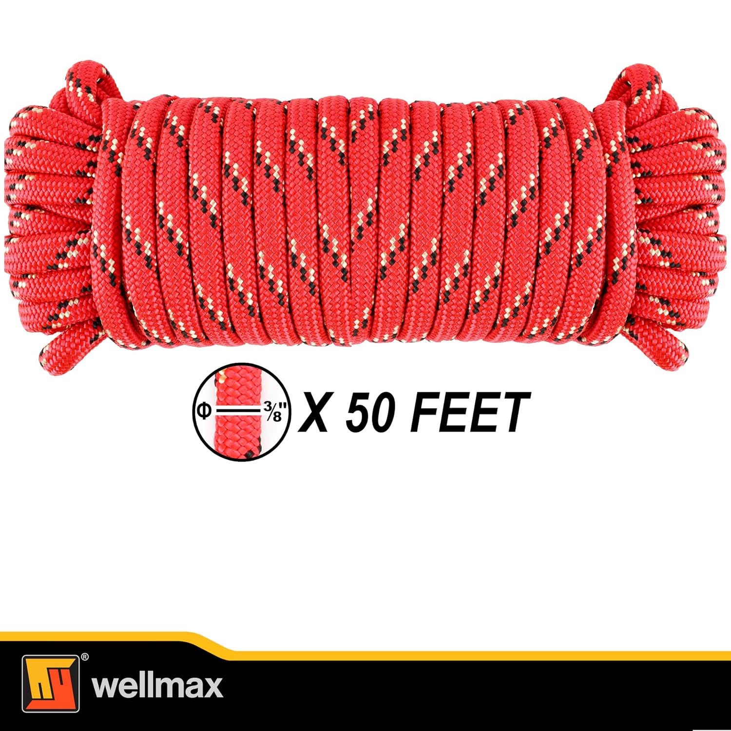Wellmax Diamond Braid Nylon Rope – Extra Thick All Purpose Braided Flag Line Utility Line with Shock Absorption – UV Resistant, High Strength & Weather Resistant - 3/8" X 50FT