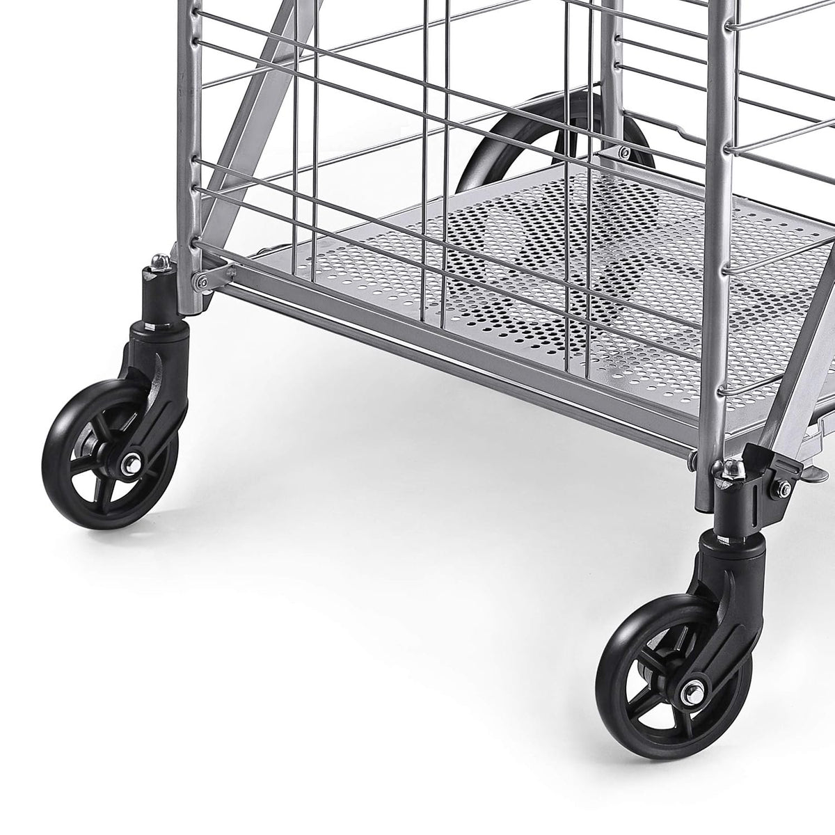 Wellmax Shopping Cart with Wheels, Metal Grocery Cart with Wheels, Shopping Carts For Groceries, Folding Cart For Convenient Storage And Holds Up To 160lbs, Dual Swivel Wheels and Extra Basket, Silver