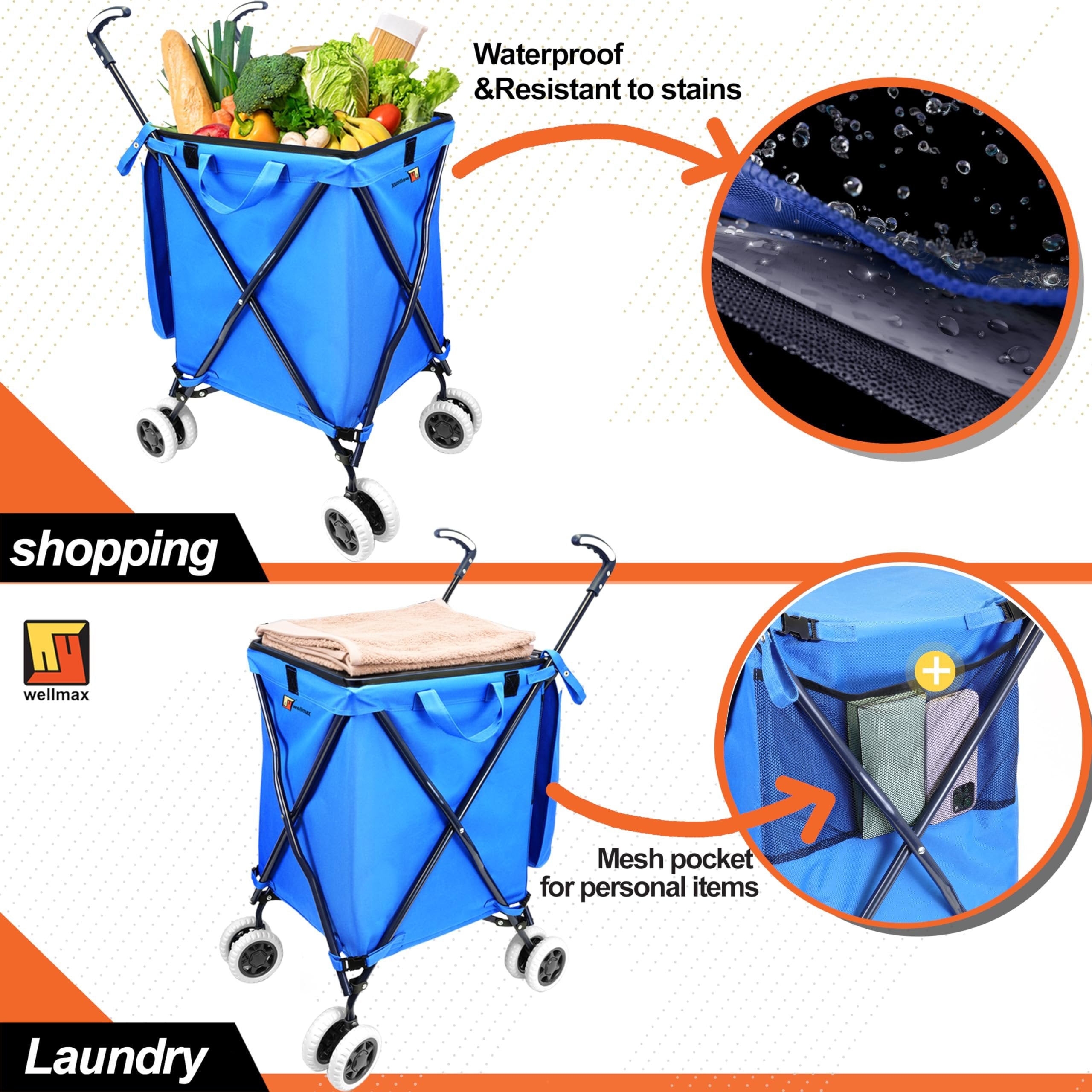 Wellmax WM99100 Series Folding Shopping Cart with Wheels, Grocery Cart with Removable Canvas with Cover, Lightweight Utility Cart for Groceries and Laundry - Holds up to 120 lbs (Orange)