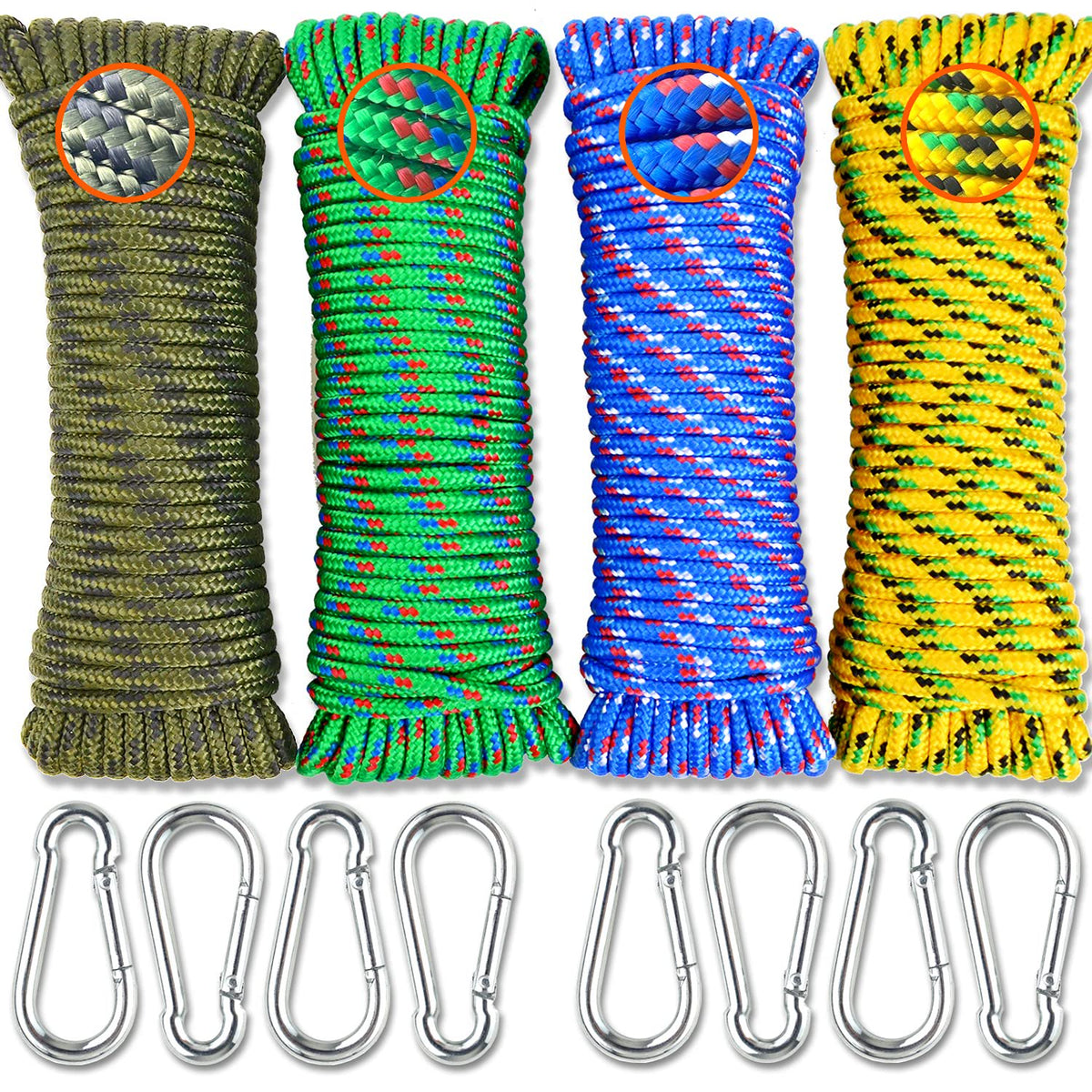 Wellmax Diamond Braided Polypropylene Rope with UV Treatment and Weather Resistant, 4 Pack 3/16 inch x 50ft Multi-Color