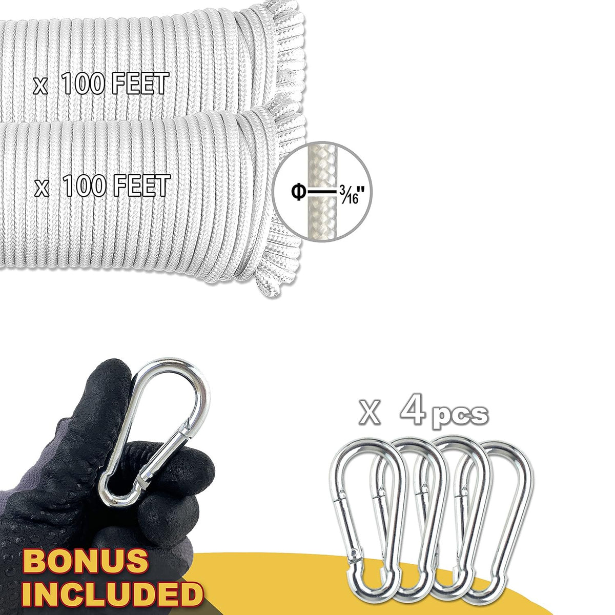 Wellmax Diamond Braided Polypropylene Rope with UV Treatment and Weather Resistant, 4 Pack 3/16 inch x 50ft Multi-Color