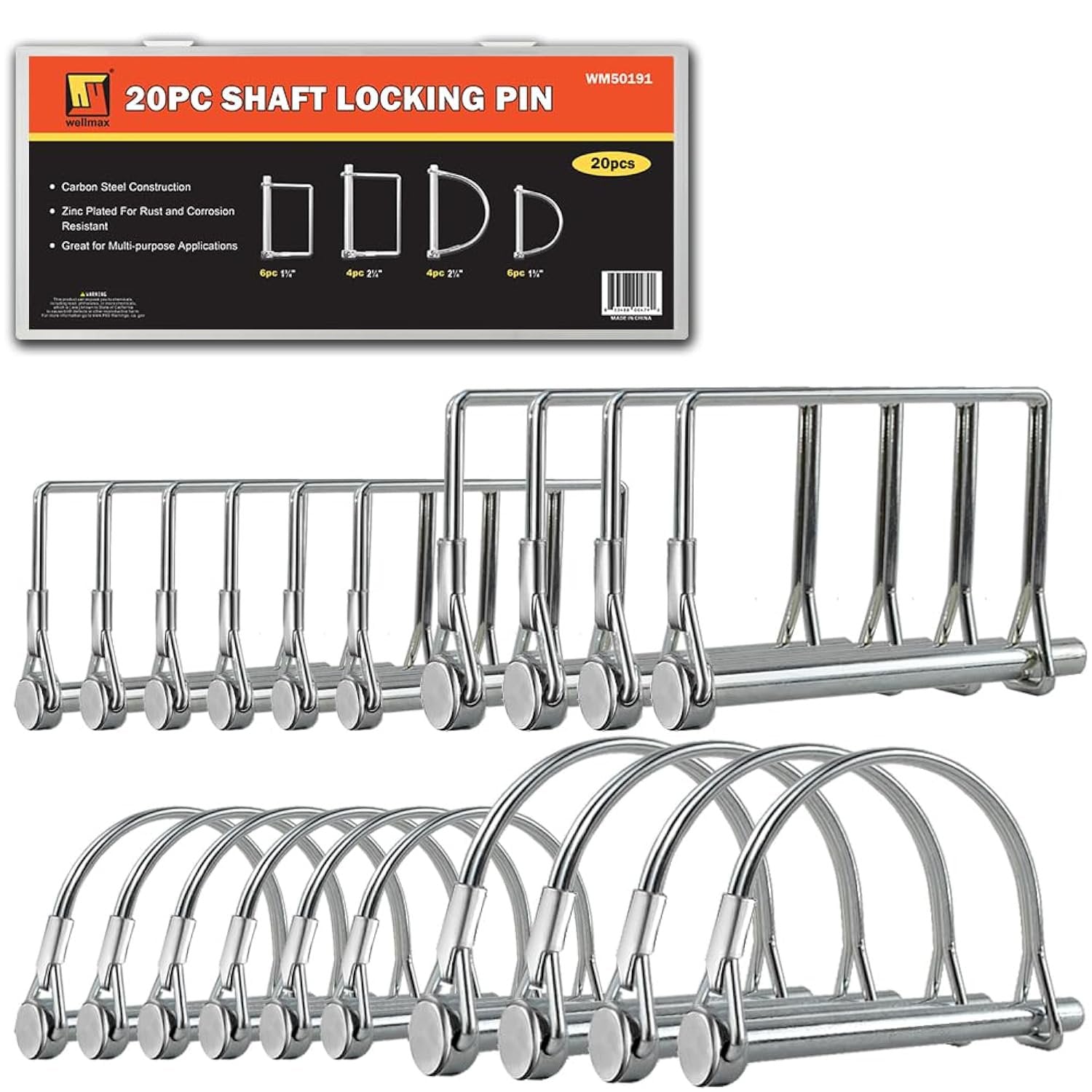 Wellmax 20 Pcs Shaft Locking Pin in 1/4", 5/16" and 3/8" Diameter Zinc-Plated Heavy Duty Safety Pins, Trailer Hitch Pin for Trailer Lock and Hitch Pin Lock for Farm Lawn Garden Wagons, Silver Color