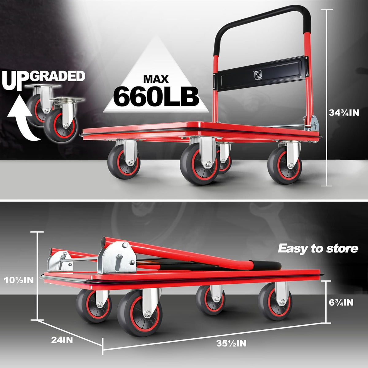 Push Cart Dolly by Wellmax, Moving Platform Hand Truck, Foldable for Easy Storage and 360 Degree Swivel Wheels with 660lb Weight Capacity, Yellow Color