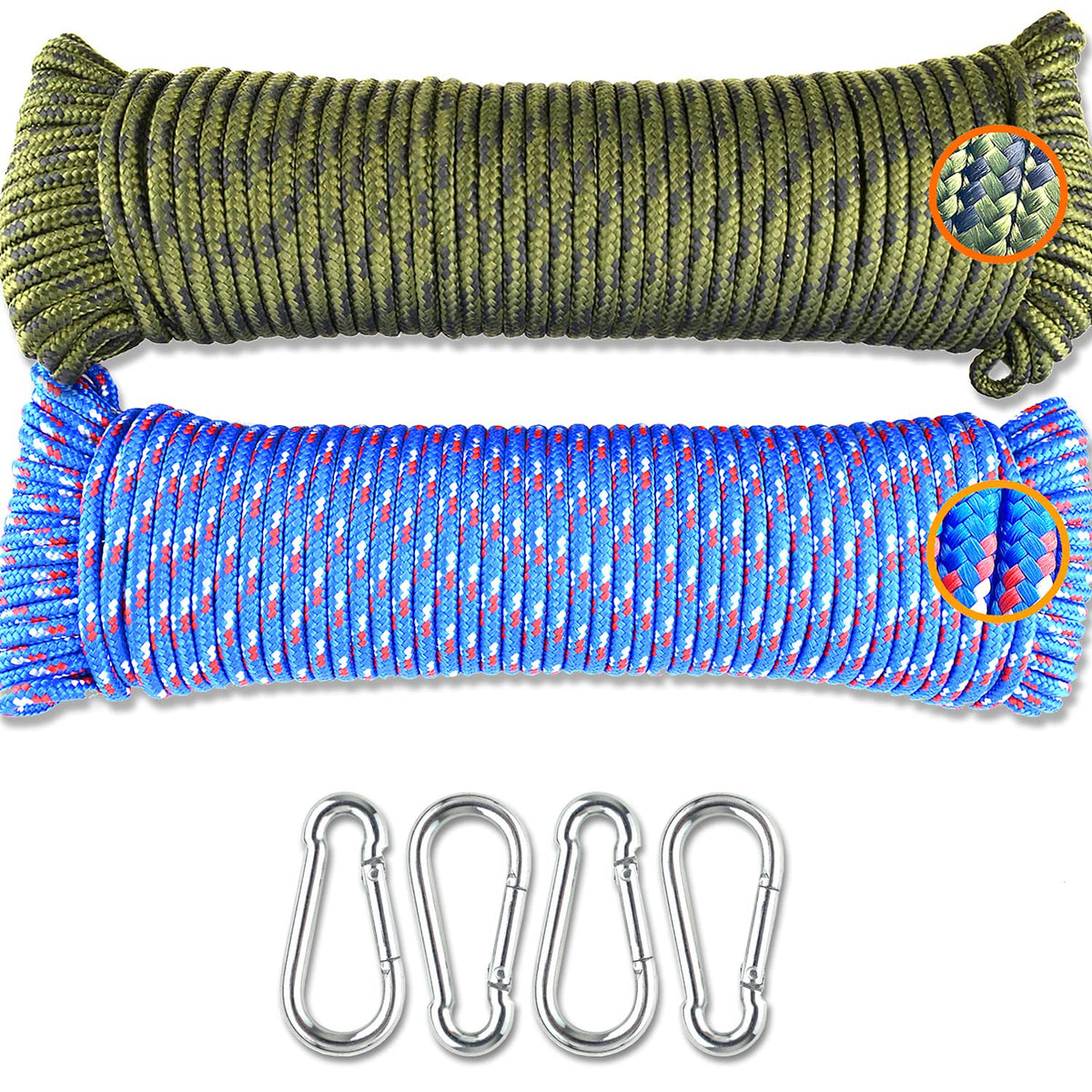 Wellmax Diamond Braided Polypropylene Rope with UV Treatment and Weather Resistant, 4 Pack 3/16 inch x 50ft Multi-Color