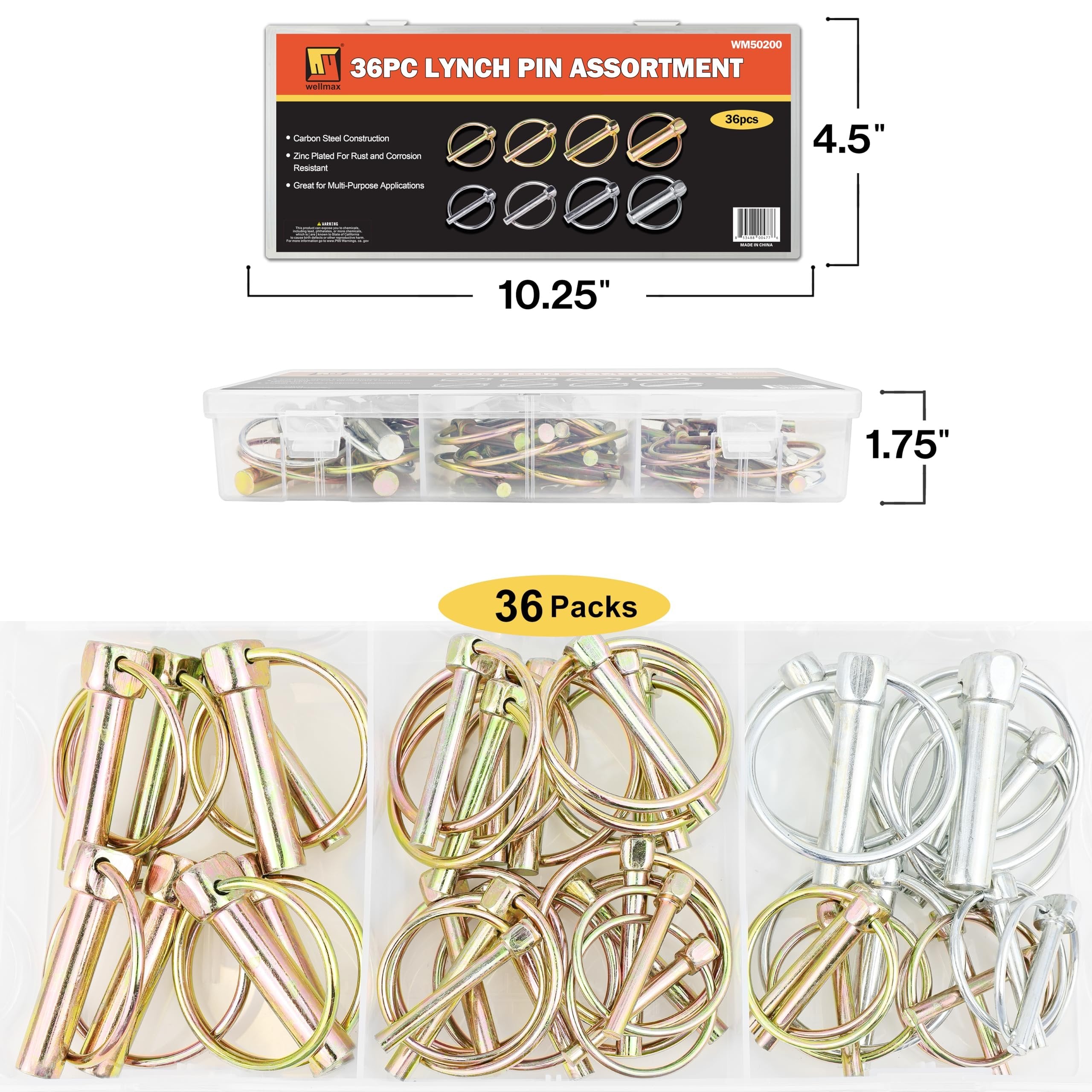 Wellmax 36 Pcs Lynch Pin Assortment in 3/16", 1/4", 5/16" and 7/16" Diameter Zinc-Plated Heavy Duty Safety Pins