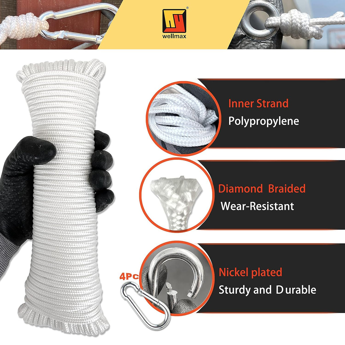 Wellmax Diamond Braided Polypropylene Rope with UV Treatment and Weather Resistant, 4 Pack 3/16 inch x 50ft Multi-Color
