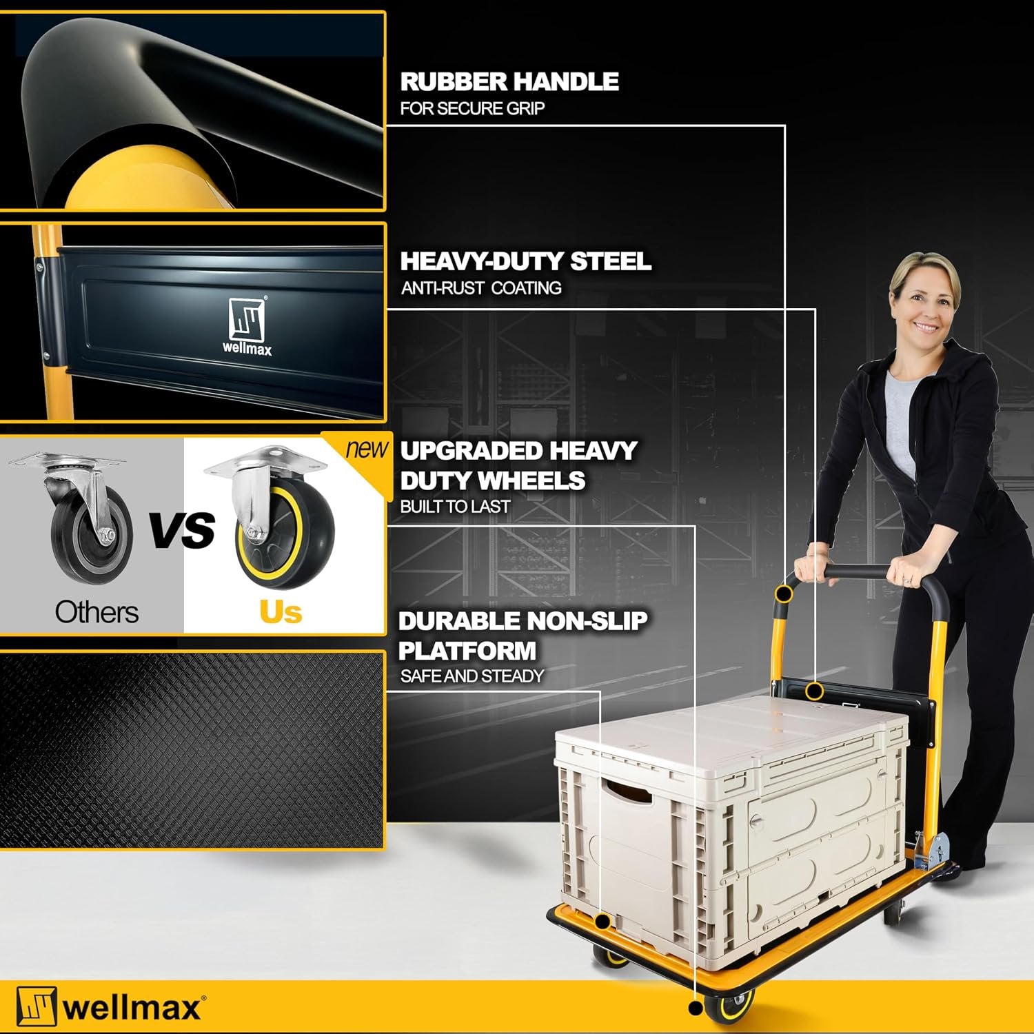 Push Cart Dolly by Wellmax, Moving Platform Hand Truck, Foldable for Easy Storage and 360 Degree Swivel Wheels with 660lb Weight Capacity, Yellow Color