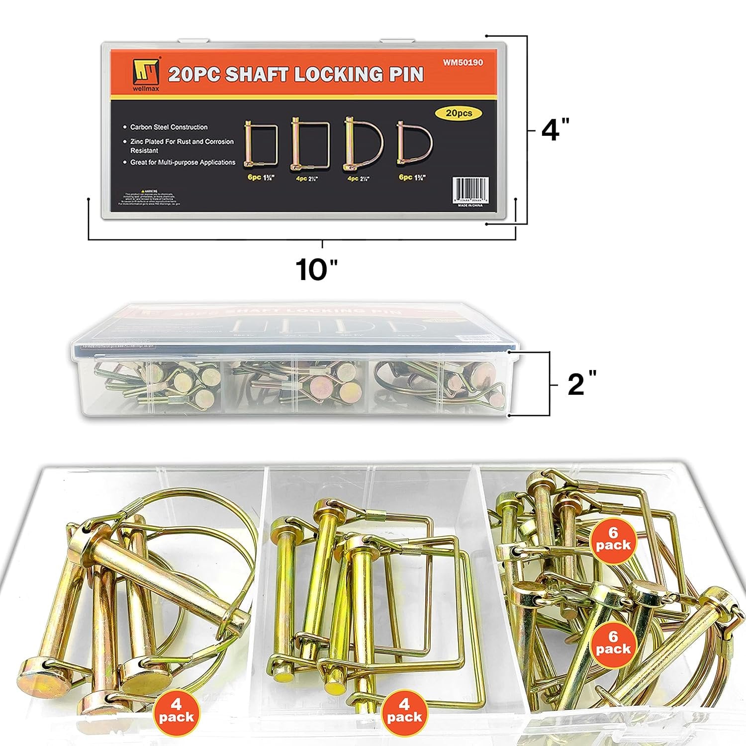 Wellmax 20 Pcs Shaft Locking Pin in 1/4", 5/16" and 3/8" Diameter Zinc-Plated Heavy Duty Safety Pins, Trailer Hitch Pin for Trailer Lock and Hitch Pin Lock for Farm Lawn Garden Wagons, Gold Color