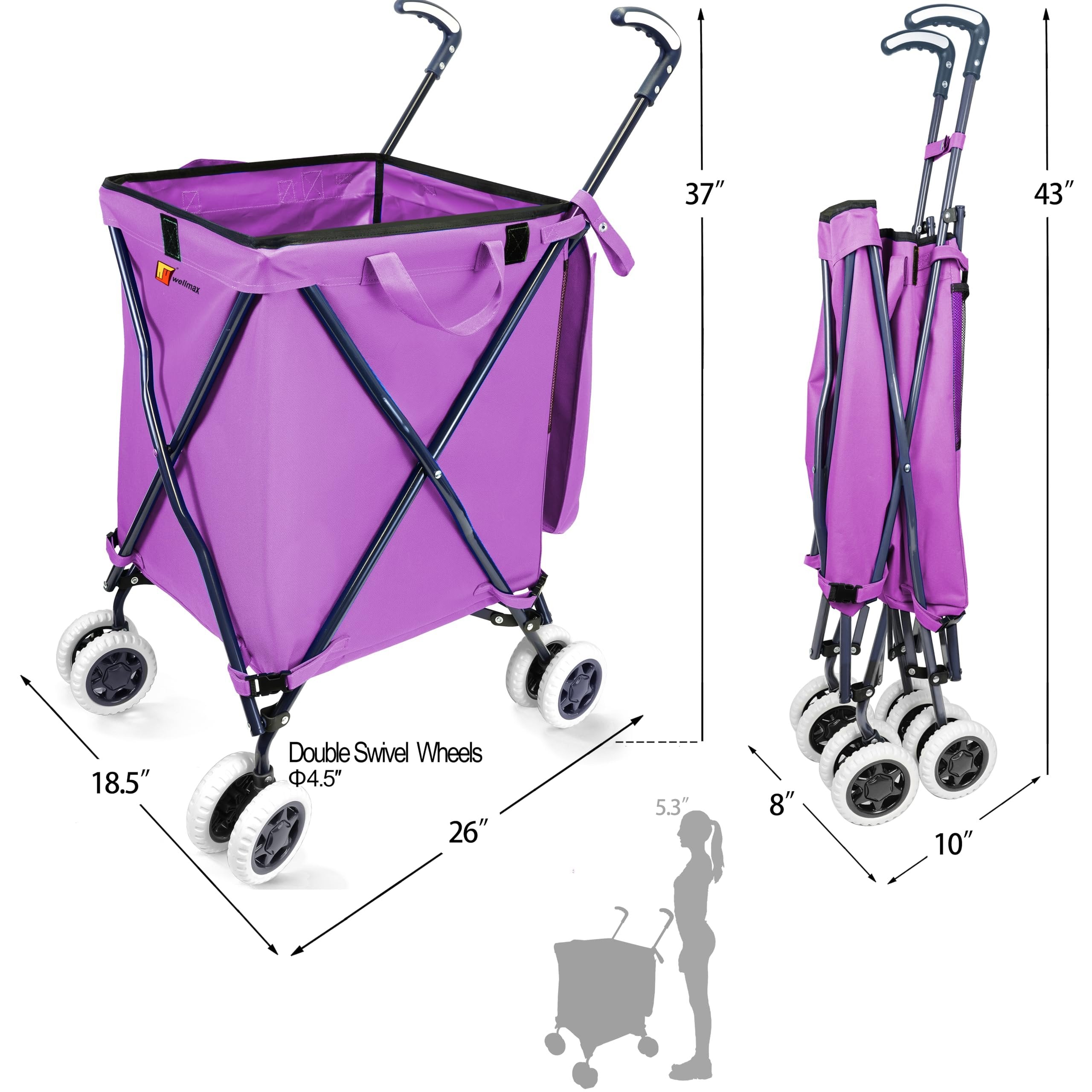 Wellmax WM99100 Series Folding Shopping Cart with Wheels, Grocery Cart with Removable Canvas with Cover, Lightweight Utility Cart for Groceries and Laundry - Holds up to 120 lbs (Orange)