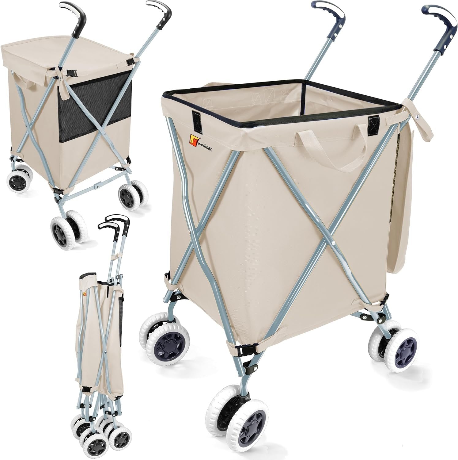Wellmax WM99100 Series Folding Shopping Cart with Wheels, Grocery Cart with Removable Canvas with Cover, Lightweight Utility Cart for Groceries and Laundry - Holds up to 120 lbs