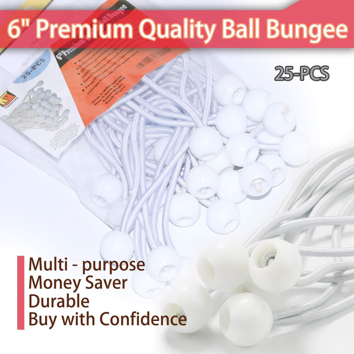 6 Inch Black 25PC 6 inch 50 Piece Heavy Duty 5mm Ball Bungee Canopy Cord By Wellmax, White Color