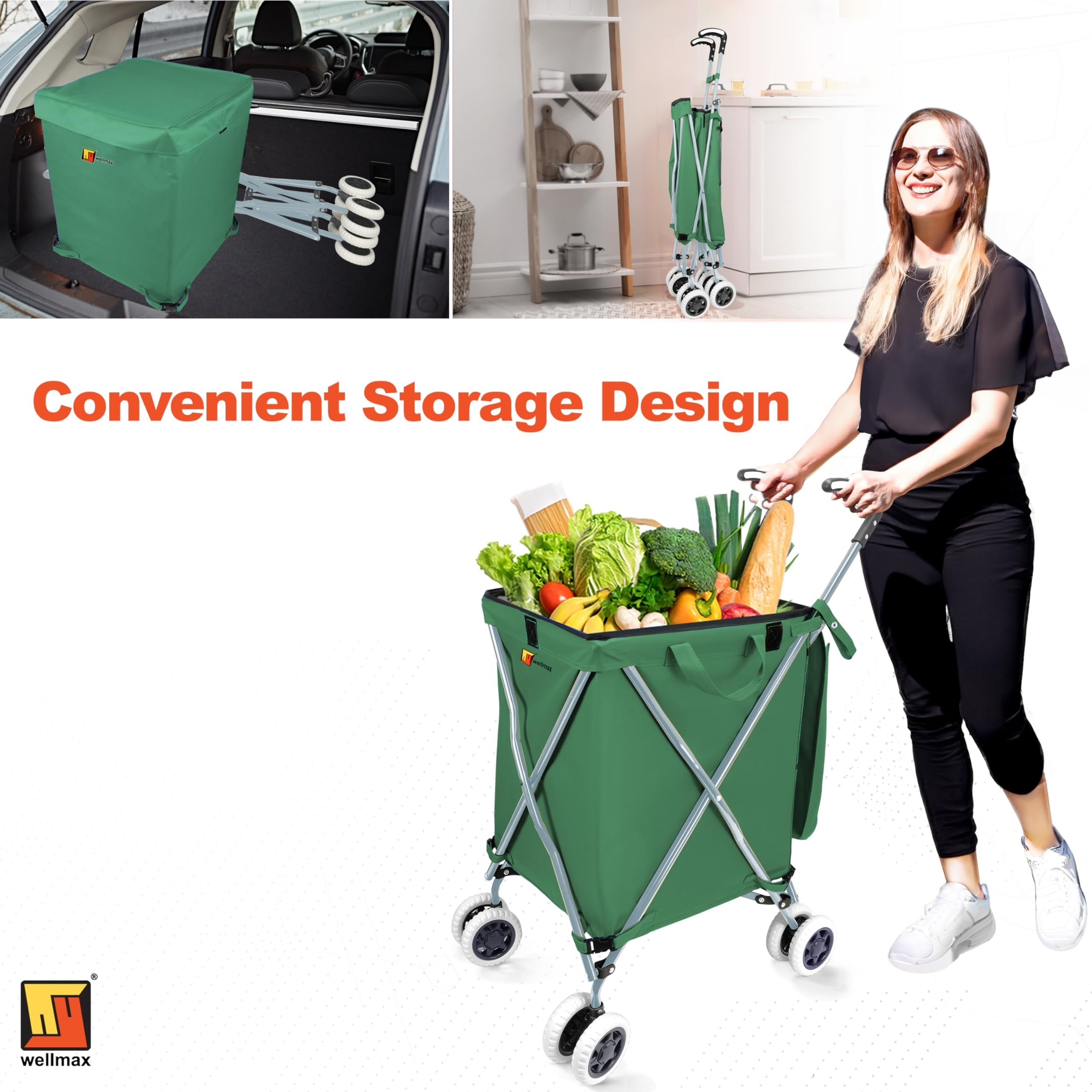 Wellmax WM99100 Series Folding Shopping Cart with Wheels, Grocery Cart with Removable Canvas with Cover, Lightweight Utility Cart for Groceries and Laundry - Holds up to 120 lbs (Orange)