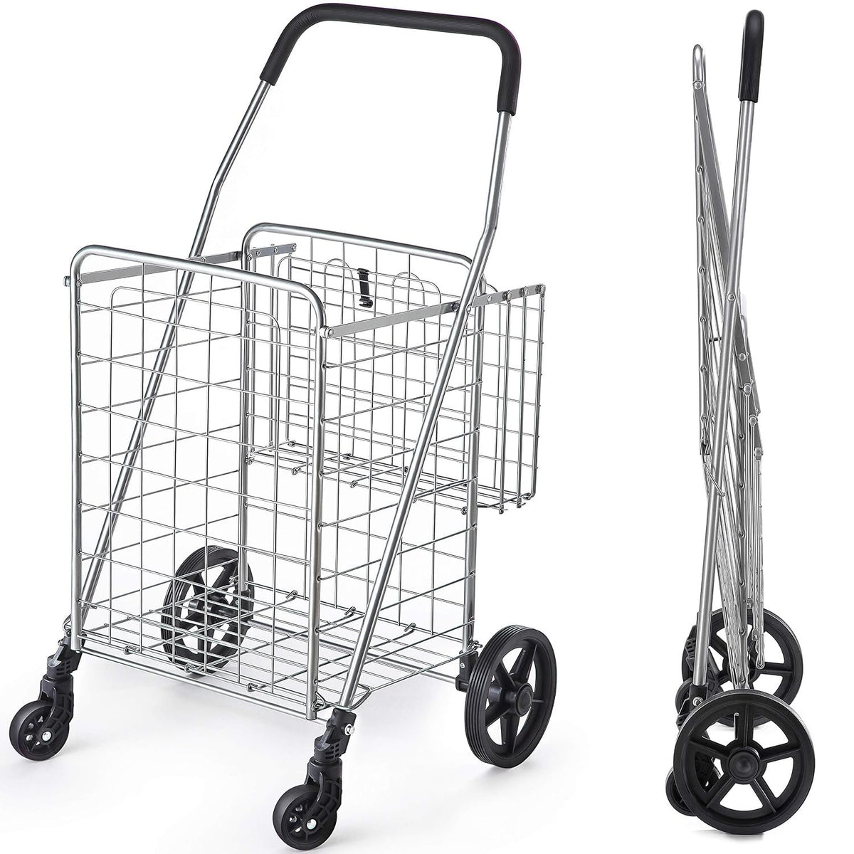 Wellmax Metal Grocery Shopping Cart with Wheels for Groceries, Folding Cart for Convenient Storage and Holds Up to 66lbs, Dual Swivel Wheels and Extra Basket, Silver
