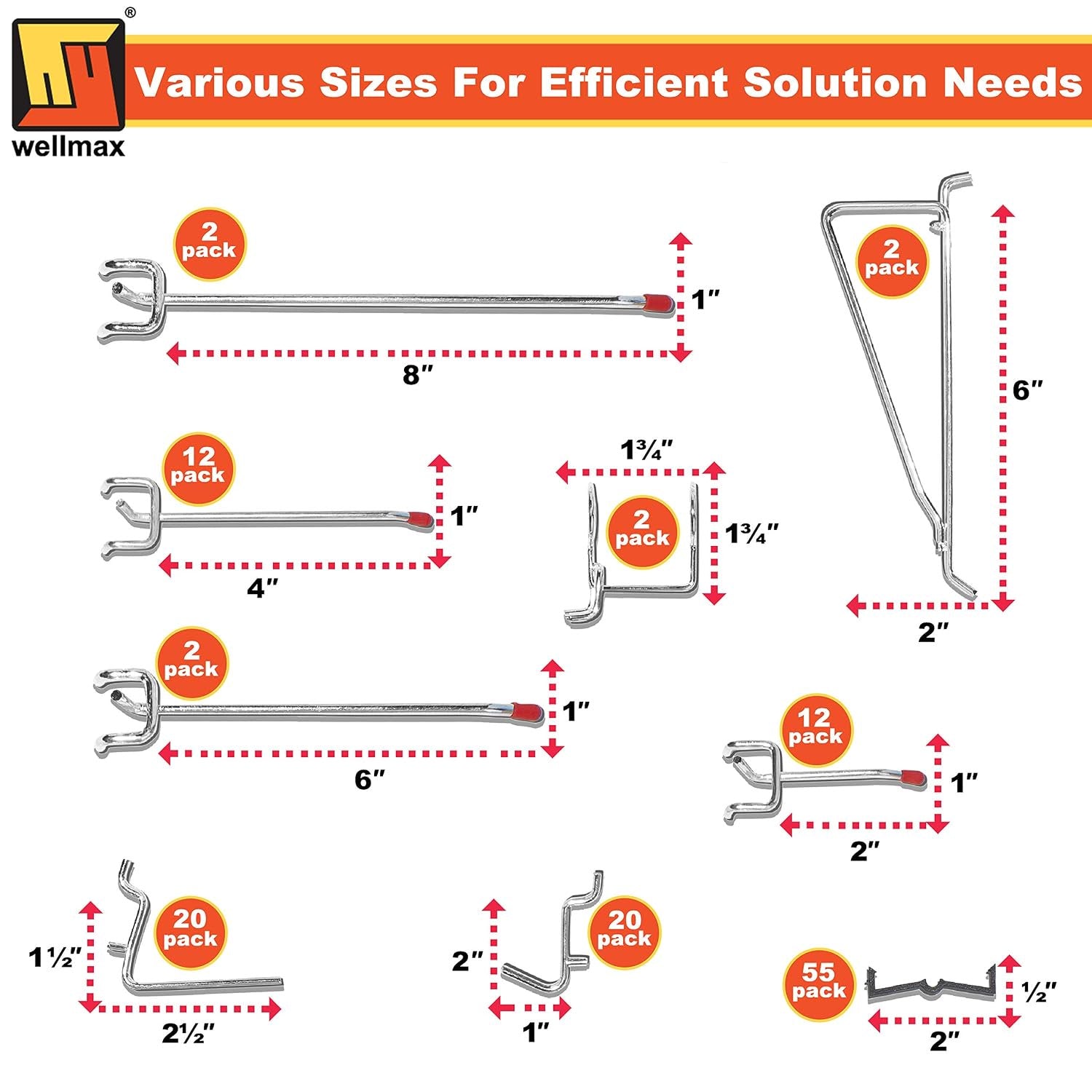 Wellmax 188pc Pegboard Hooks Accessories Assortment, Heavy Duty Peg Board Hook Set, Perfect for tools, crafts, peg boards and pegs attachments. Fits 1/4 and 1/8 inch Peg Holes