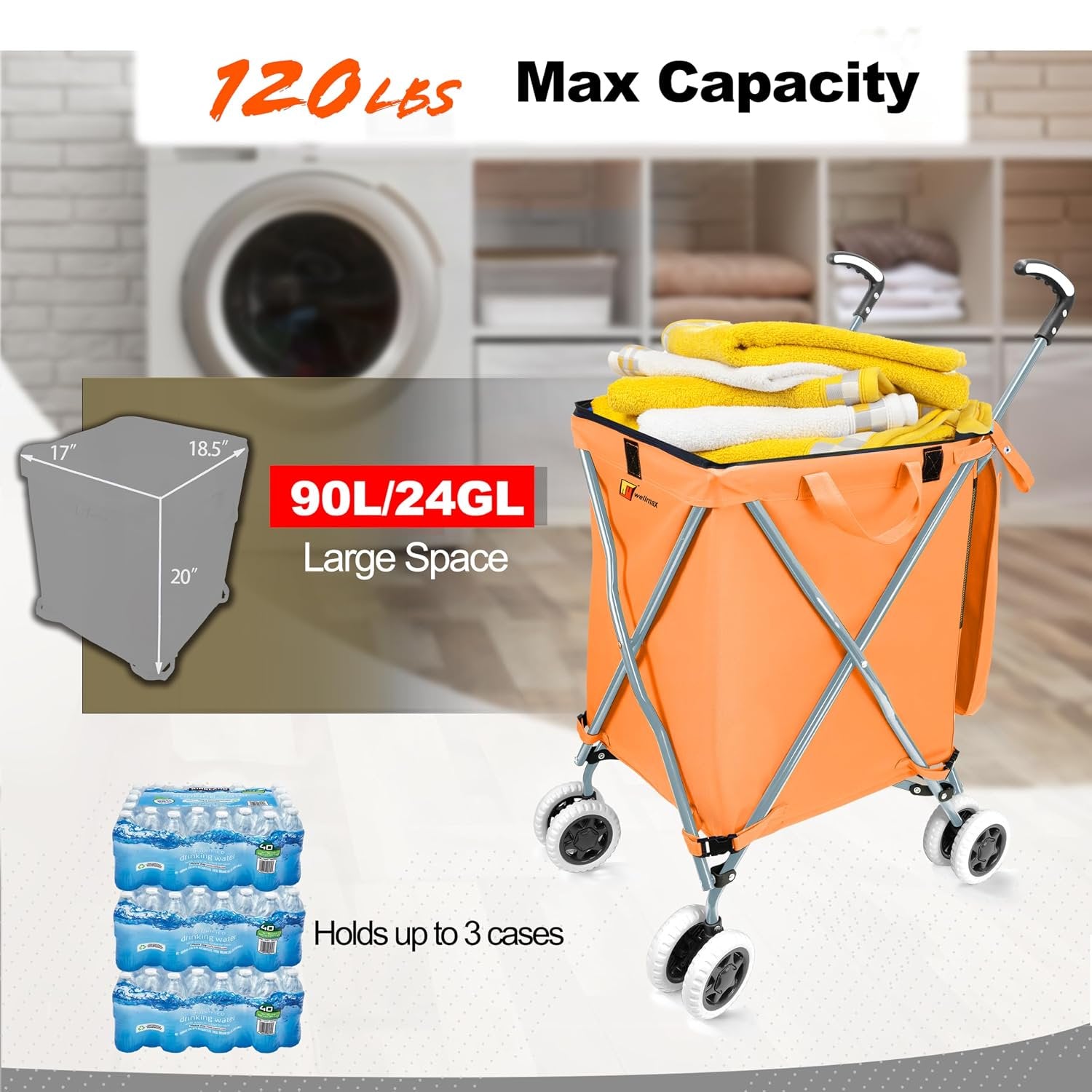 Wellmax WM99100 Series Folding Shopping Cart with Wheels, Grocery Cart with Removable Canvas with Cover, Lightweight Utility Cart for Groceries and Laundry - Holds up to 120 lbs (Orange)