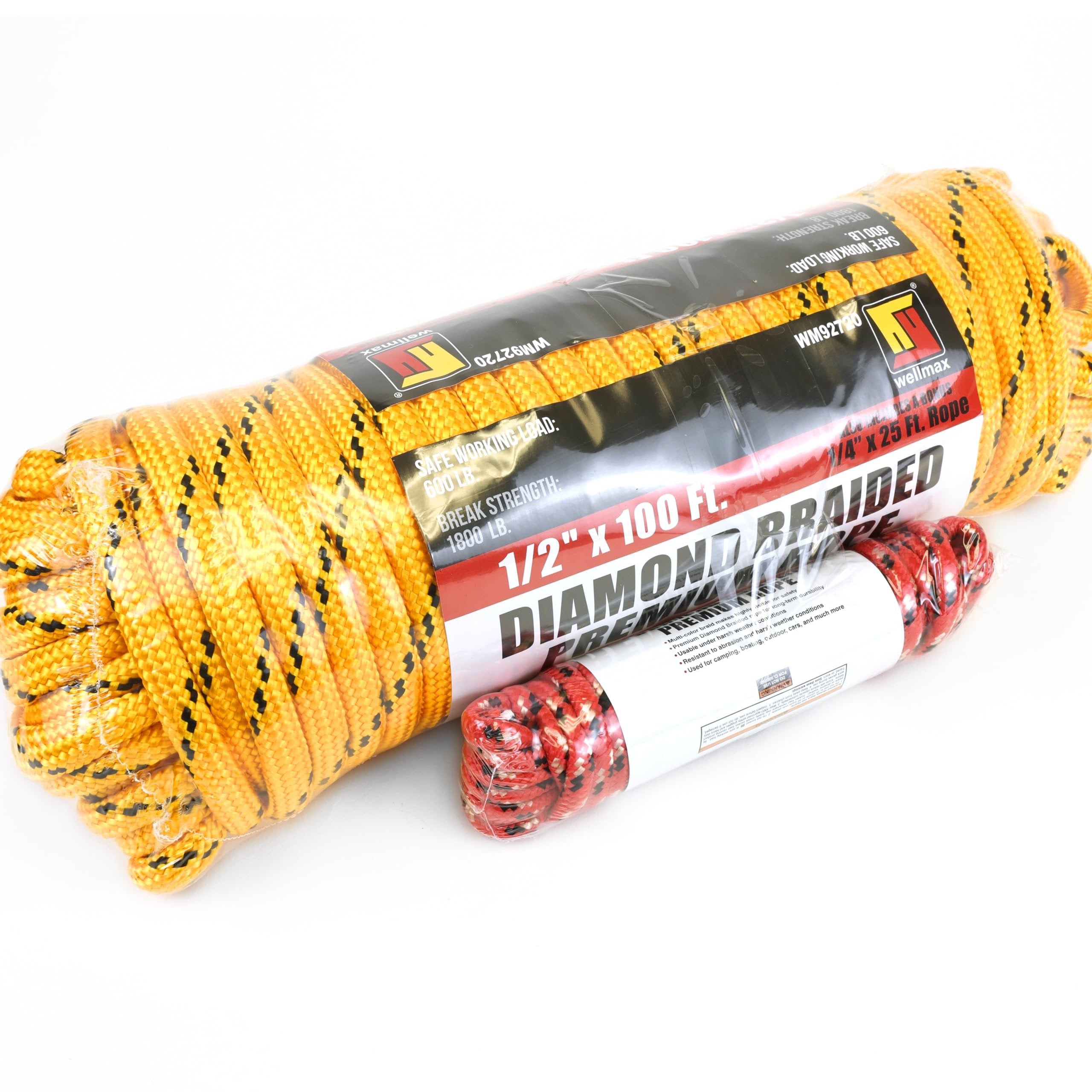 Wellmax Diamond Braid Nylon Rope, 1/2 in X 100 Foot with UV Protection and Weather Resistance, Yellow