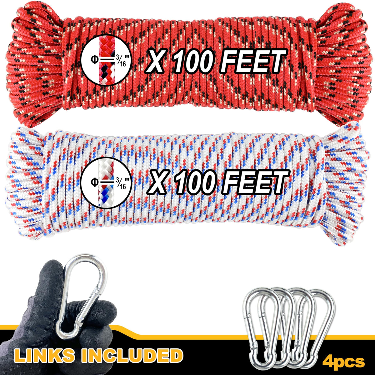 Wellmax Diamond Braided Polypropylene Rope with UV Treatment and Weather Resistant, 4 Pack 3/16 inch x 50ft Multi-Color and 8 Bonus Spring Links