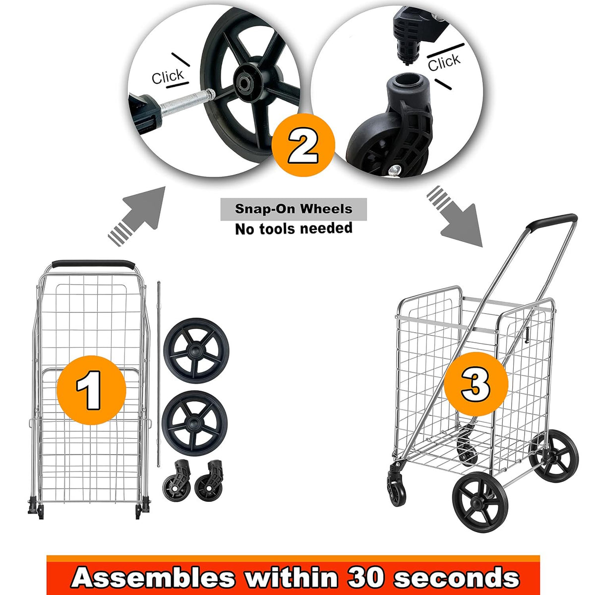 Wellmax WM99024S Grocery Utility Shopping Cart, Easily Collapsible and Portable to Save Space and Heavy Duty, Light Weight Trolley with Rolling Swivel Wheels
