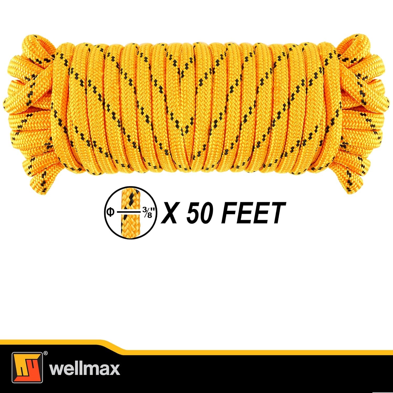 Wellmax Diamond Braid Nylon Rope – Extra Thick All Purpose Braided Flag Line Utility Line with Shock Absorption – UV Resistant, High Strength & Weather Resistant - 3/8" X 50FT