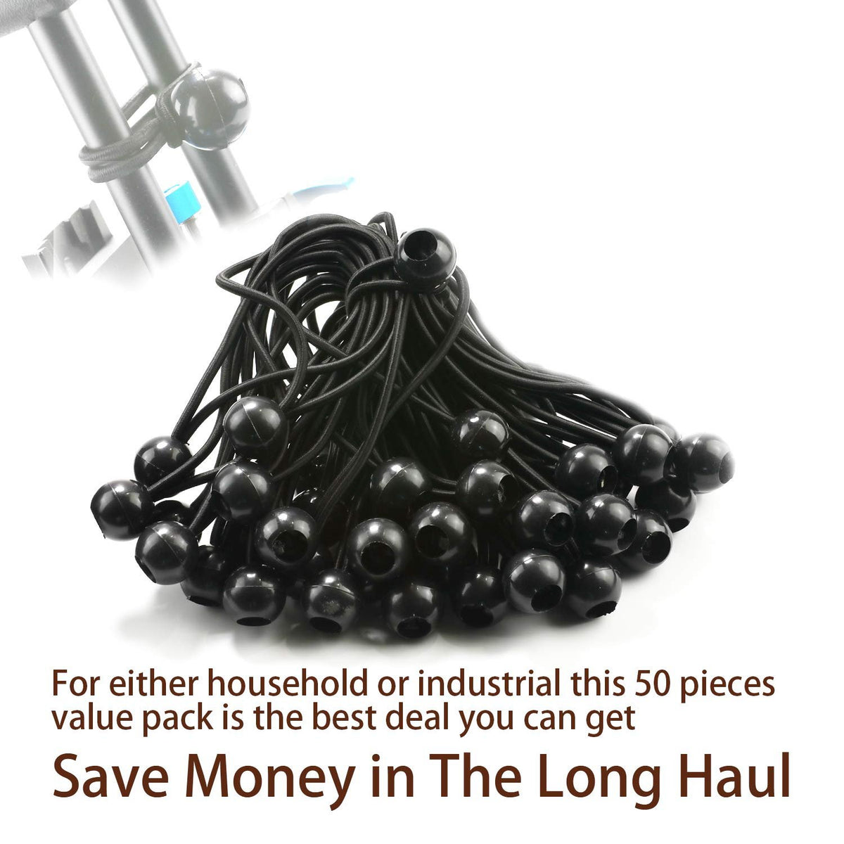 6 Inch Black 50PC 6 inch 50 Piece Heavy Duty 5mm Ball Bungee Canopy Cord By Wellmax, White Color