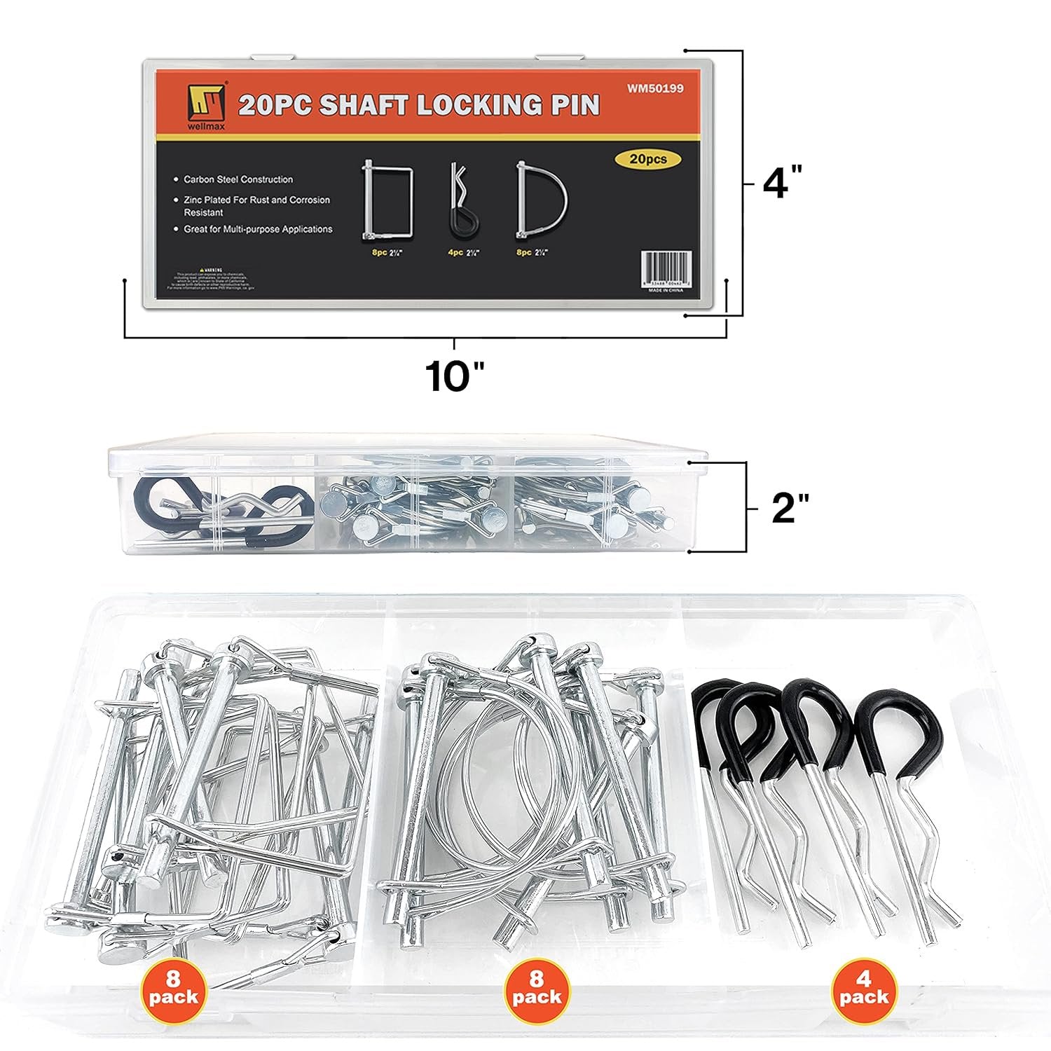 Wellmax 20 Pcs Shaft Locking Pin in 1/4 Diameter Zinc-Plated Heavy Duty Safety Pins, Bonus 4 Pcs Heavy Duty Trailer Hitch Pin for Trailer Lock and Hitch Pin Lock for Farm Lawn Garden Wagons