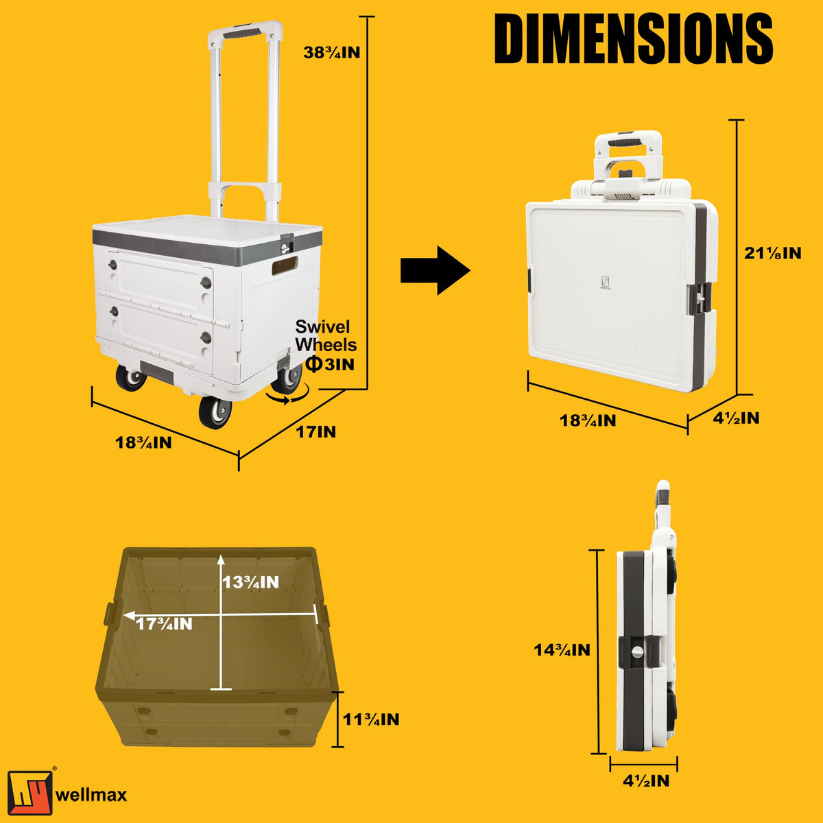 Wellmax WM99800 Series Rolling Crate with Wheels, Foldable Utility Cart with Aluminum Handle, Silent Wheels, 132 lbs Capacity - Ideal for Teachers, Shopping, & Office