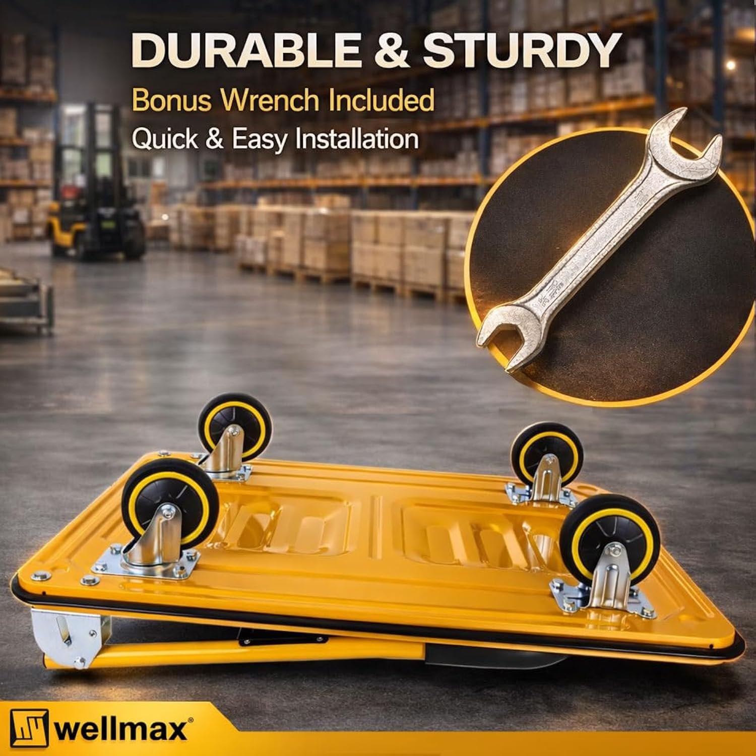 Push Cart Dolly by Wellmax, Moving Platform Hand Truck, Foldable for Easy Storage and 360 Degree Swivel Wheels with 660lb Weight Capacity, Yellow Color