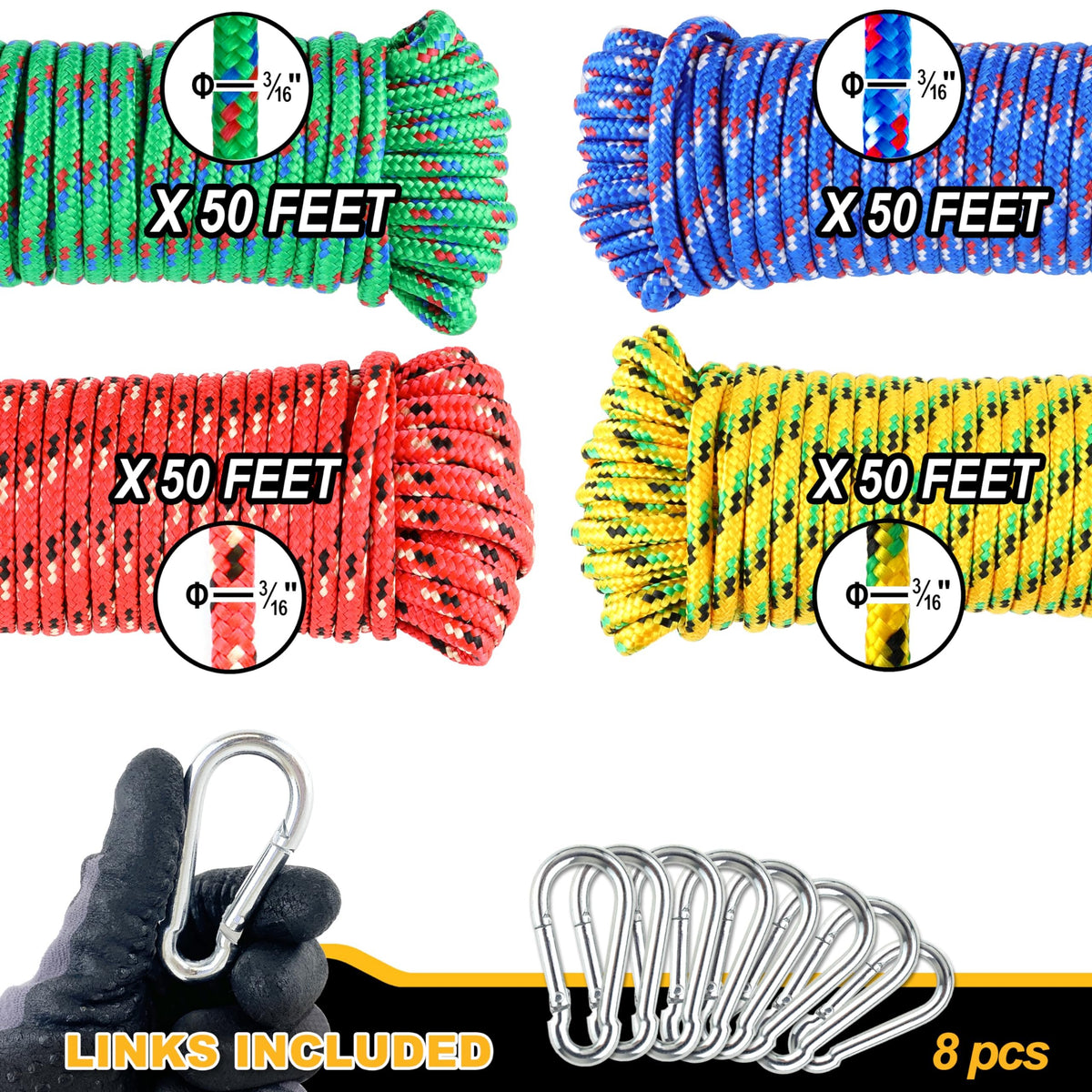 Wellmax 4 Pack 3/16" x 50ft Diamond Braided Polypropylene Rope with UV Treatment and Weather Resistant, Assorted Multi-Color