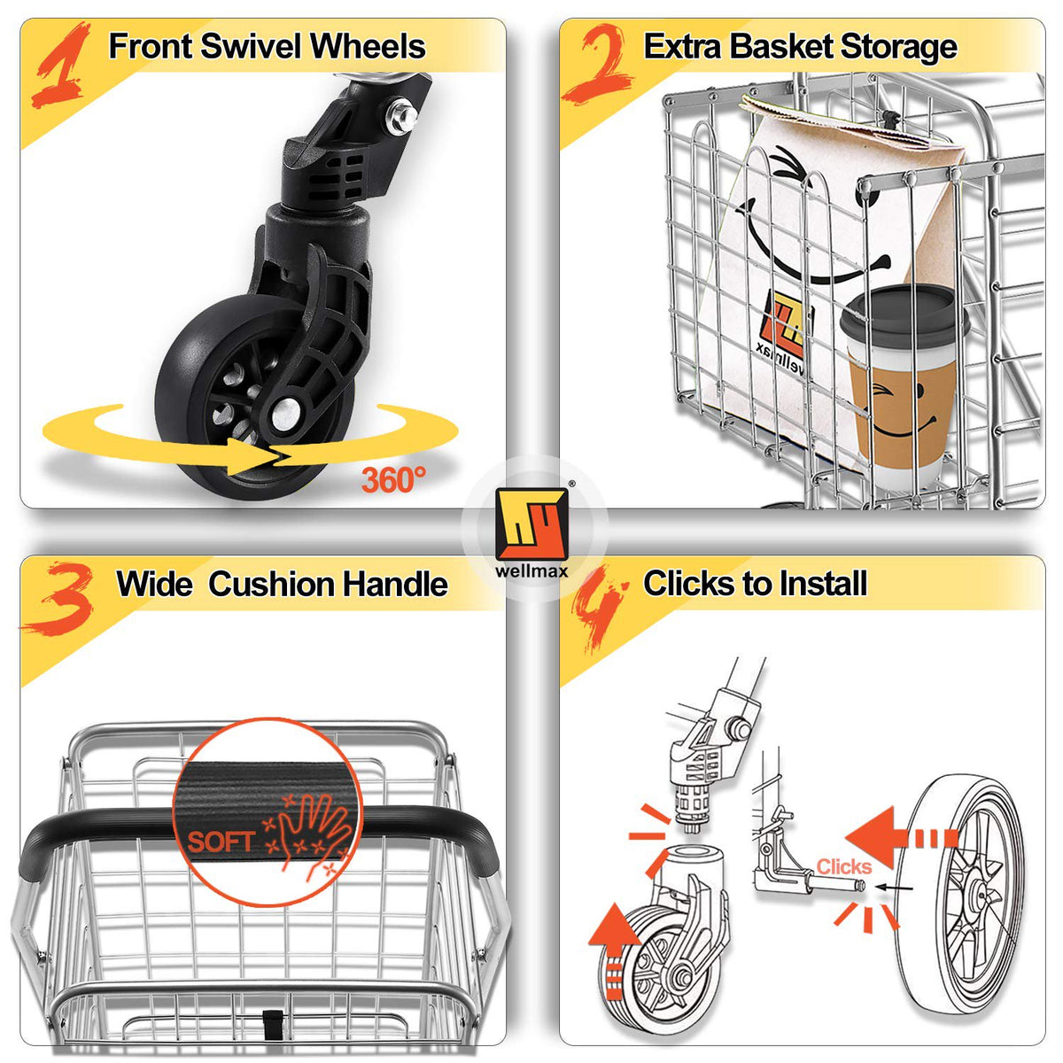 Wellmax Metal Grocery Shopping Cart with Wheels for Groceries, Folding Cart for Convenient Storage and Holds Up to 66lbs, Dual Swivel Wheels and Extra Basket, Silver