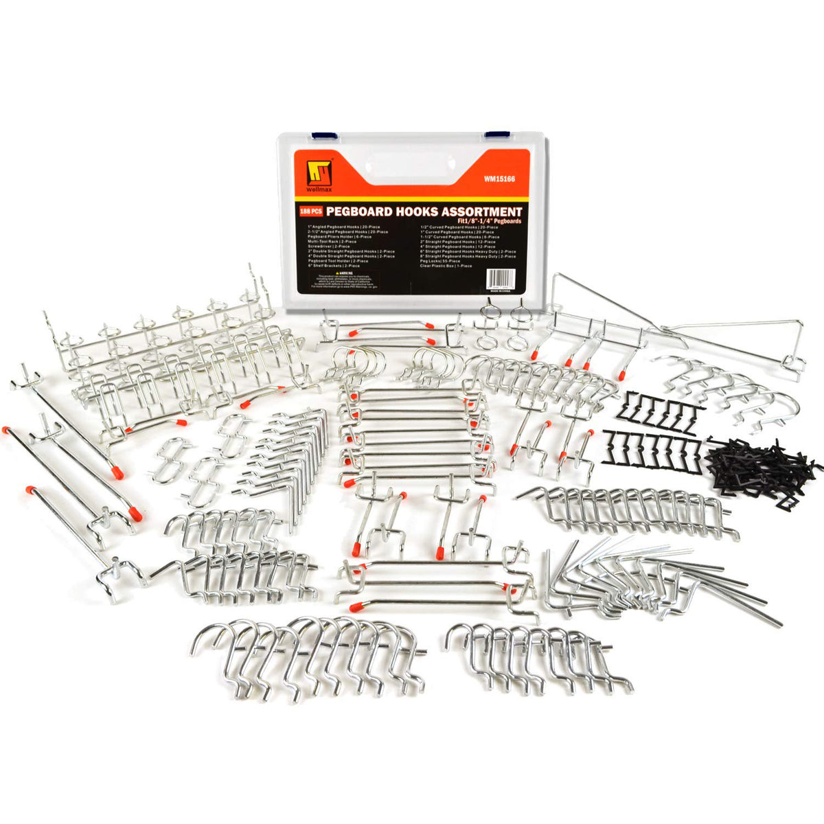 Wellmax 188pc Pegboard Hooks Accessories Assortment, Heavy Duty Peg Board Hook Set, Perfect for tools, crafts, peg boards and pegs attachments. Fits 1/4 and 1/8 inch Peg Holes