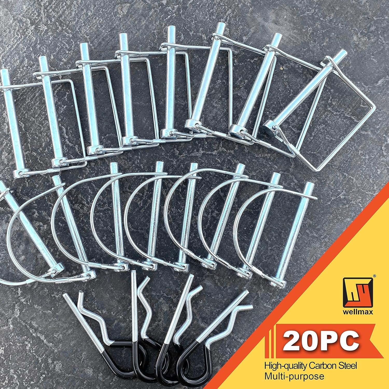 Wellmax 20 Pcs Shaft Locking Pin in 1/4 Diameter Zinc-Plated Heavy Duty Safety Pins, Bonus 4 Pcs Heavy Duty Trailer Hitch Pin for Trailer Lock and Hitch Pin Lock for Farm Lawn Garden Wagons